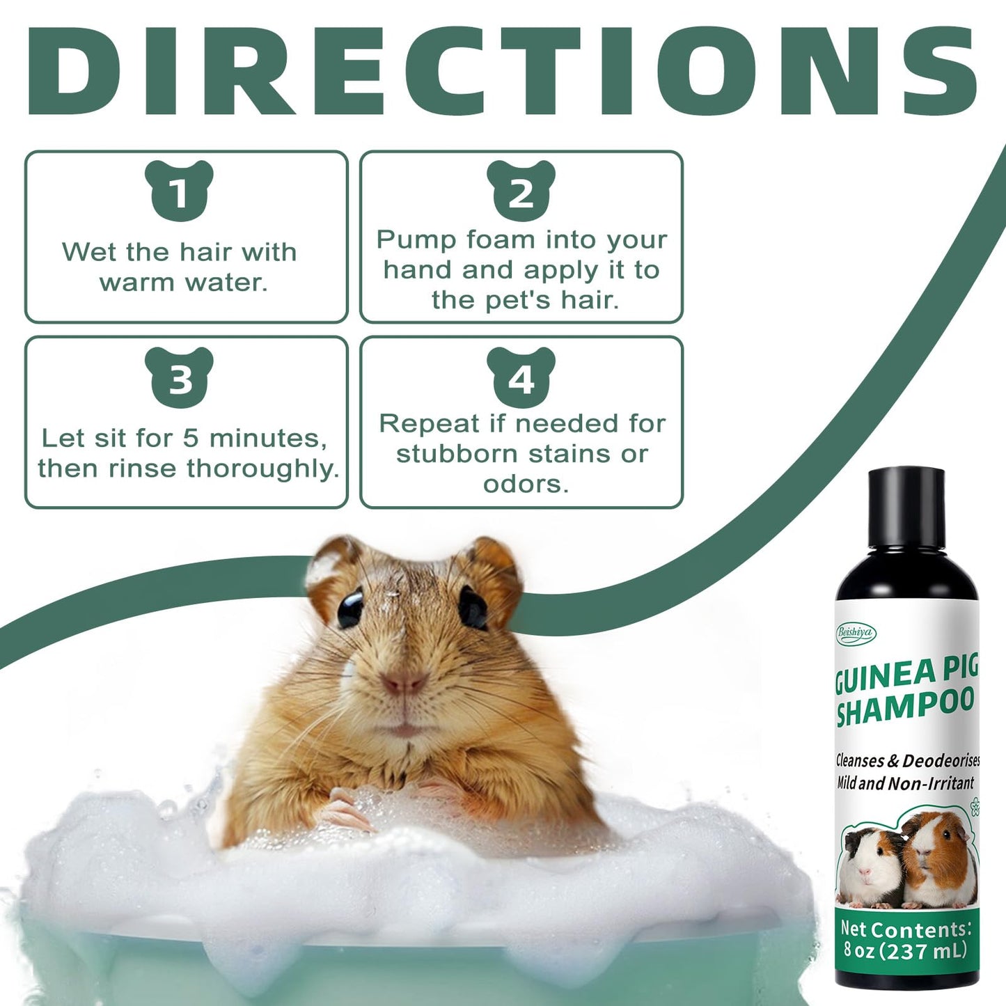 Guinea Pig Shampoo 8 oz - Naturally Effective Shine Skin & Coat Formula - NO Fragrance, Hypoallergenic, Relieves Dry, Itchy Skin, Eliminates Odors