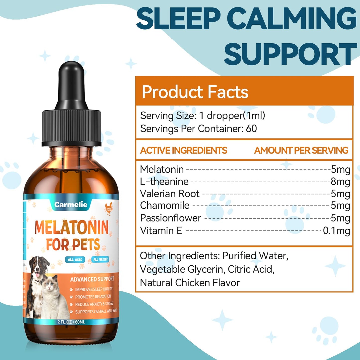 Melatonin for Pets, Dog Melatonin, Dog Sleep Supports, Melatonins for Cats, Supports Relaxation Dogs & Cat, Calm Behavior in Dogs, Helps Restful Sleep, Chicken Flavor 60ml