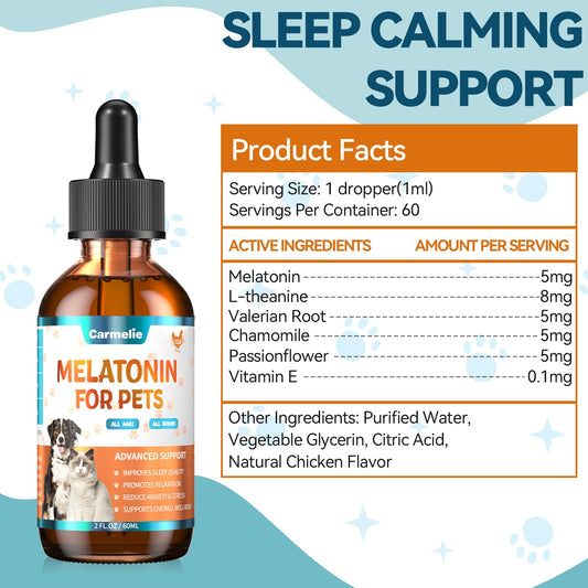 Melatonin for Pets, Dog Melatonin, Dog Sleep Supports, Melatonins for Cats, Supports Relaxation Dogs & Cat, Calm Behavior in Dogs, Helps Restful Sleep, Chicken Flavor 60ml