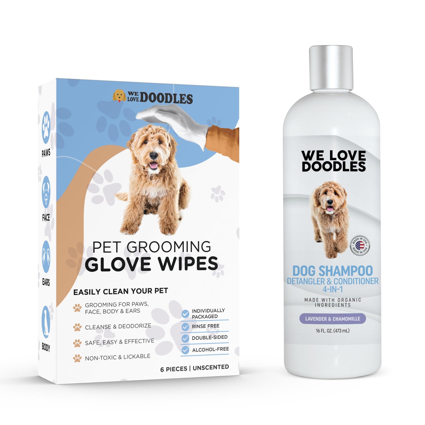 We Love Doodles Dog Gloves Wipes & Dog Shampoo Bundle - Pet Bathing Wipes for Dogs, Paws, Face, Body, Ears, Shampoo for Dogs Matted Pet Hair, Sensitive Skin Shampoo for Puppies
