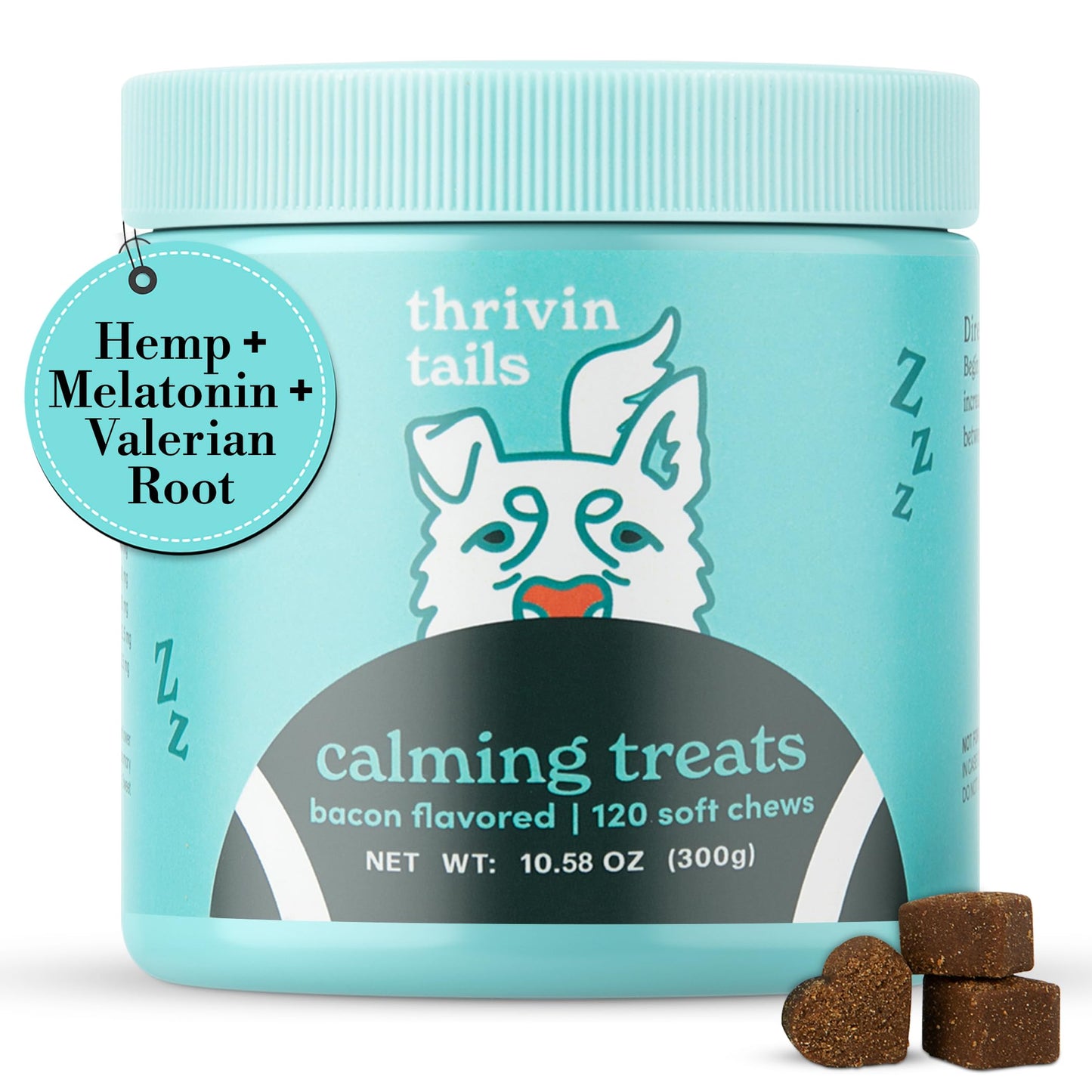 Thrivin Tails Bacon-Flavored Calming Chews for Dogs: Hemp and Melatonin Dog Anxiety Relief Treats, CBD-Infused Calming Chews and Treats for Dogs, Perfect Sleep Aid, 120 Count