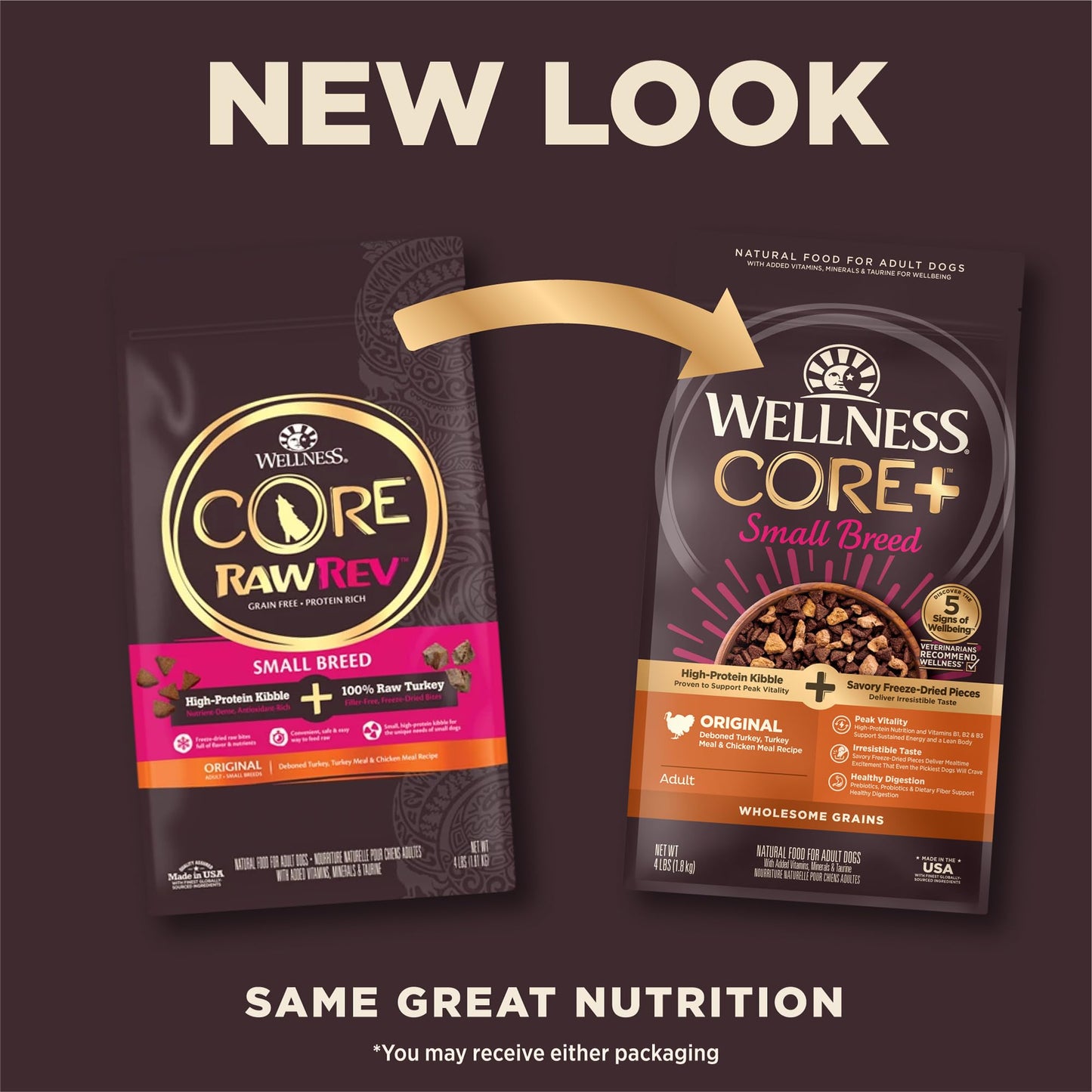 Wellness CORE+ (Formerly RawRev) Grained Dry Dog Food, Small Breed Original Turkey & Chicken with Freeze Dried Turkey Recipe, 4 Pound Bag