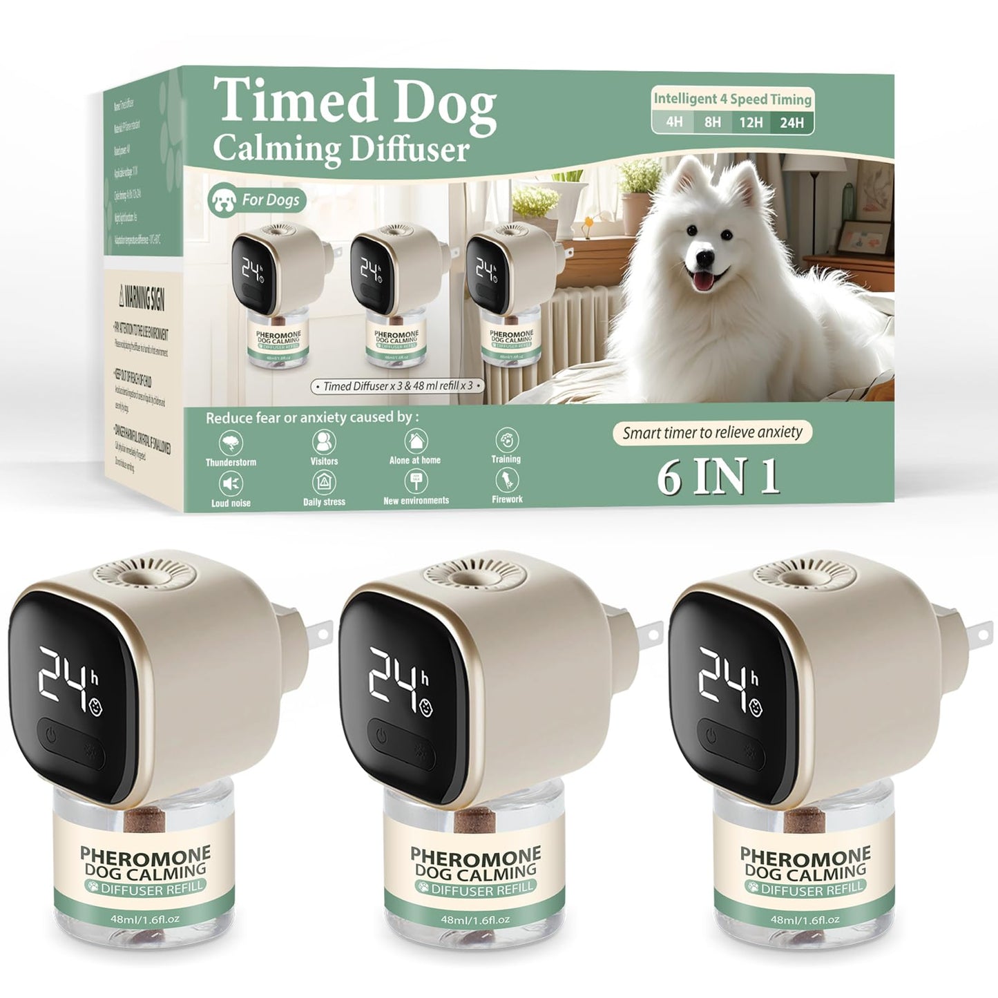 Dog Calming Pheromones Diffuser 6 in 1 Appeasing Relaxing Diffuser with Timing Function Pet Kit (3 Plug in +3 Refill 48ml) for Anxiety Relief Reduce Aggression Barking Fighting Stress (Tasteless)