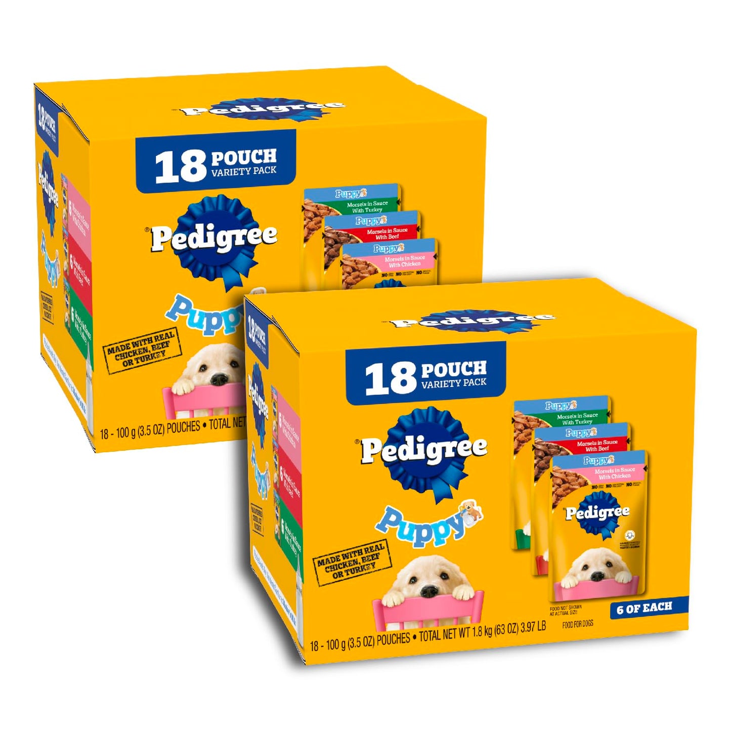 Pedigree Puppy Soft Wet Dog Food Variety Pack, 3.5 oz Pouches, 18 Count (Pack of 2)