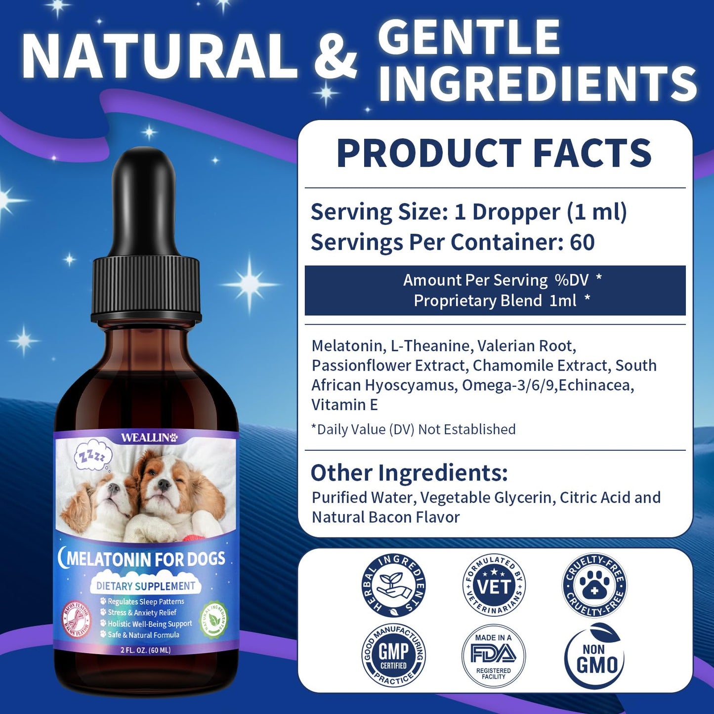 WEALLIN Melatonin for Dogs with L-Theanine & Chamomile | Anxiety Relief & Calming, Relaxation & Sleep Support Liquid Dog Melatonin | Fast-Absorbing & Bacon Flavor (1 PC)