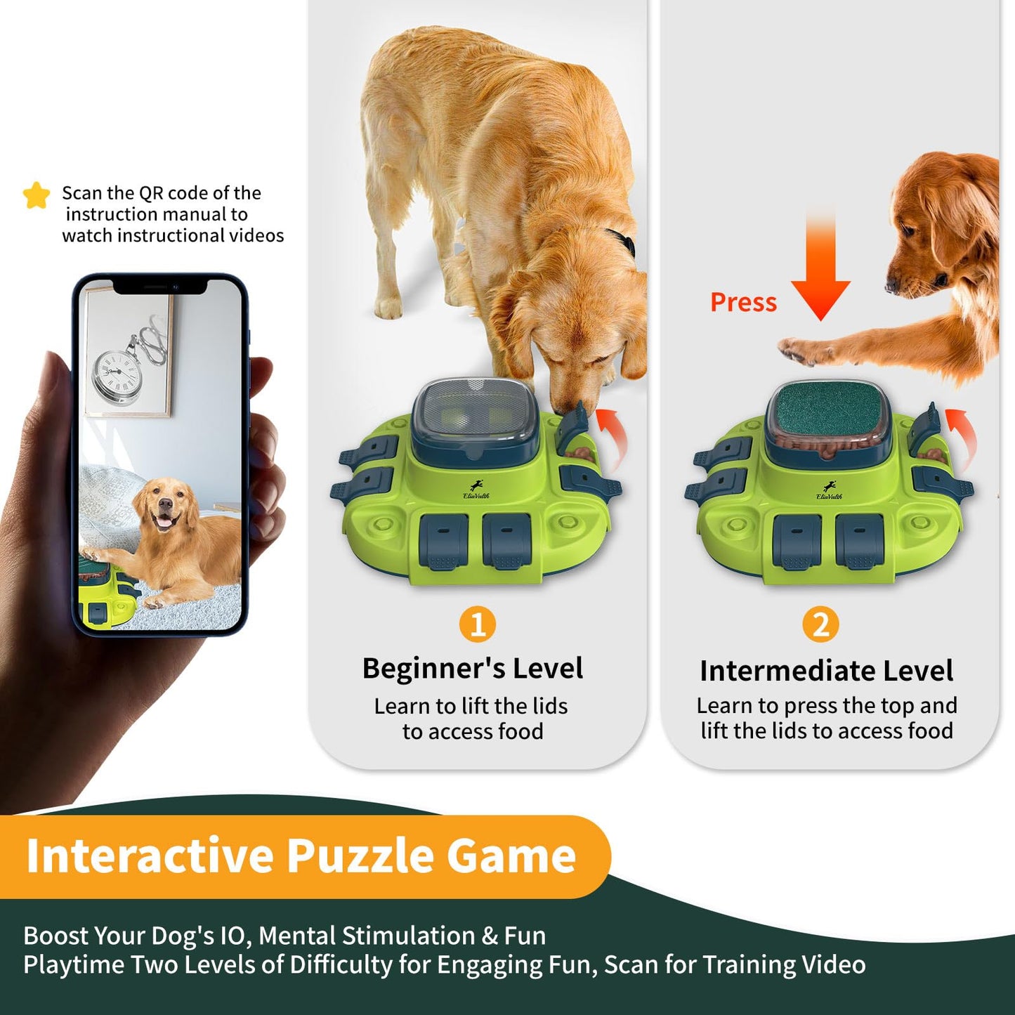 EliaValth Dog Puzzle, 3-in-1 Dog Toy: Interactive Dog Toys, Puzzle, Slow Feeder Dog Bowls & Nail File Orange