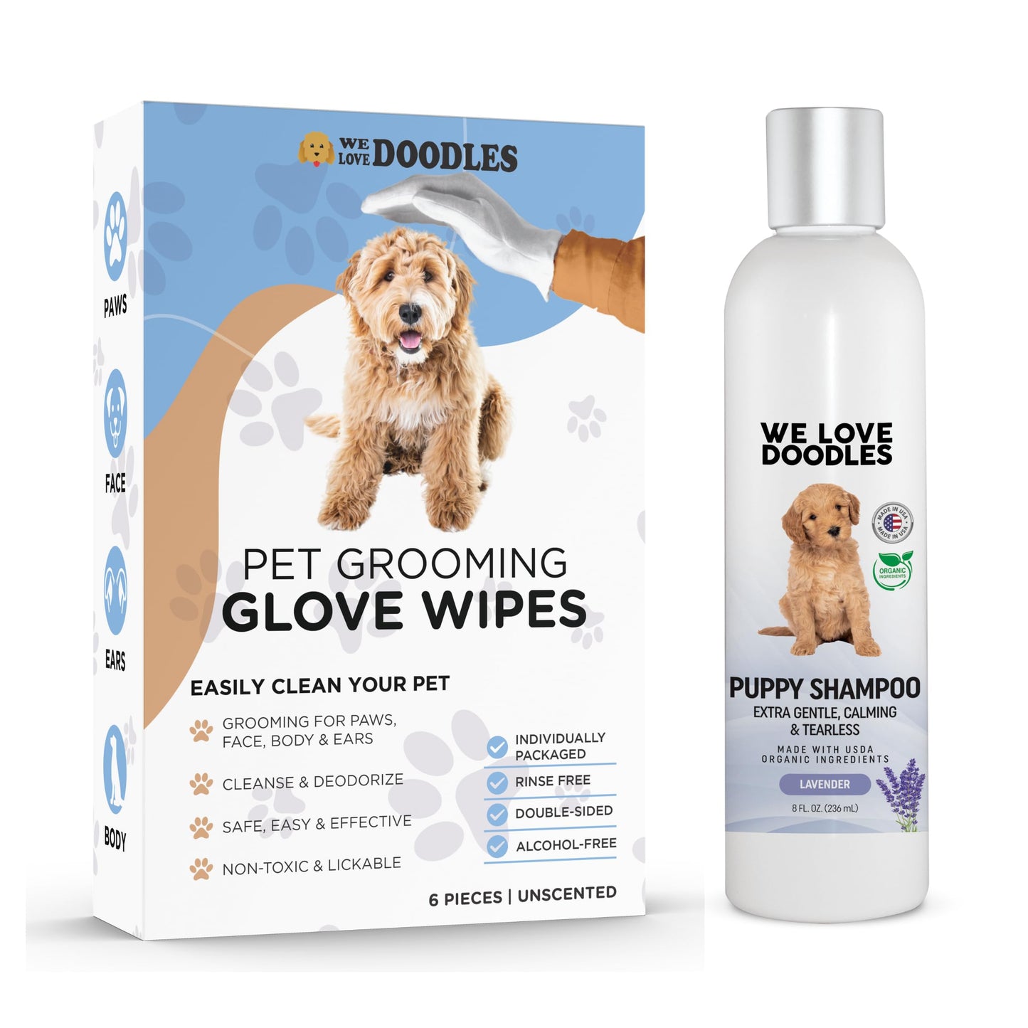 We Love Doodles Dog Gloves Wipes & Puppy Shampoo Bundle - Pet Bathing Wipes for Dogs, Paws, Face, Body, Ears, Shampoo for Puppies, Sensitive & Itchy Skin Wash, Oatmeal Bathing, Tearless