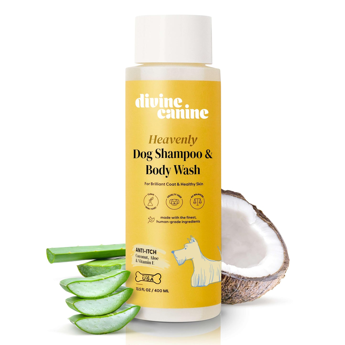 Divine Canine Heavenly Dog Shampoo & Body Wash - Anti-Itch - Dog Shampoos - pH Balanced Conditioning Dog Bath Blend with Collagen, Aloe, Coconut Milk, Vitamin E - Soothe Itchy Skin & Coat - 13.5oz