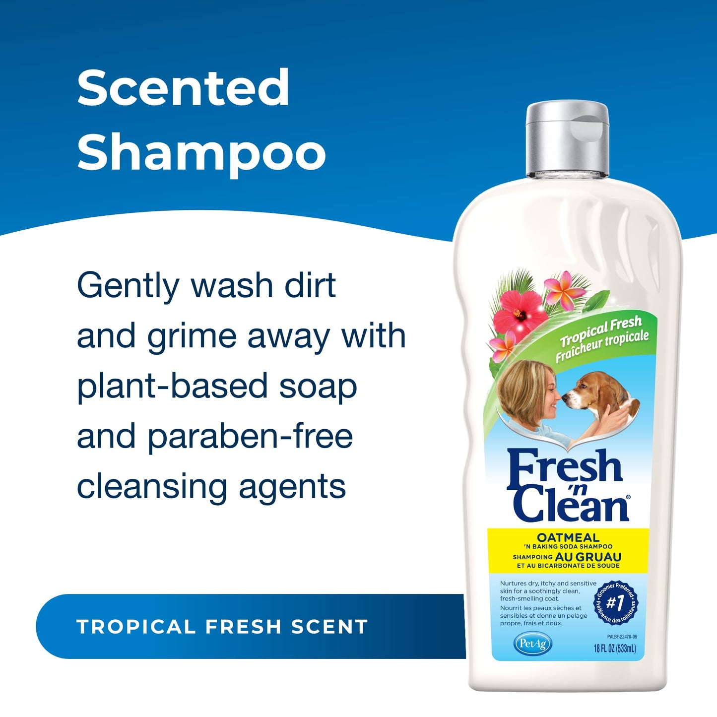 PetAg Fresh ’n Clean Oatmeal ’n Baking Soda Shampoo - Tropical Fresh Scent - 18 oz - Nurtures Dry, Itchy & Sensitive Skin with Vitamin E & Aloe - Strengthens & Repairs Coats - Soap Free