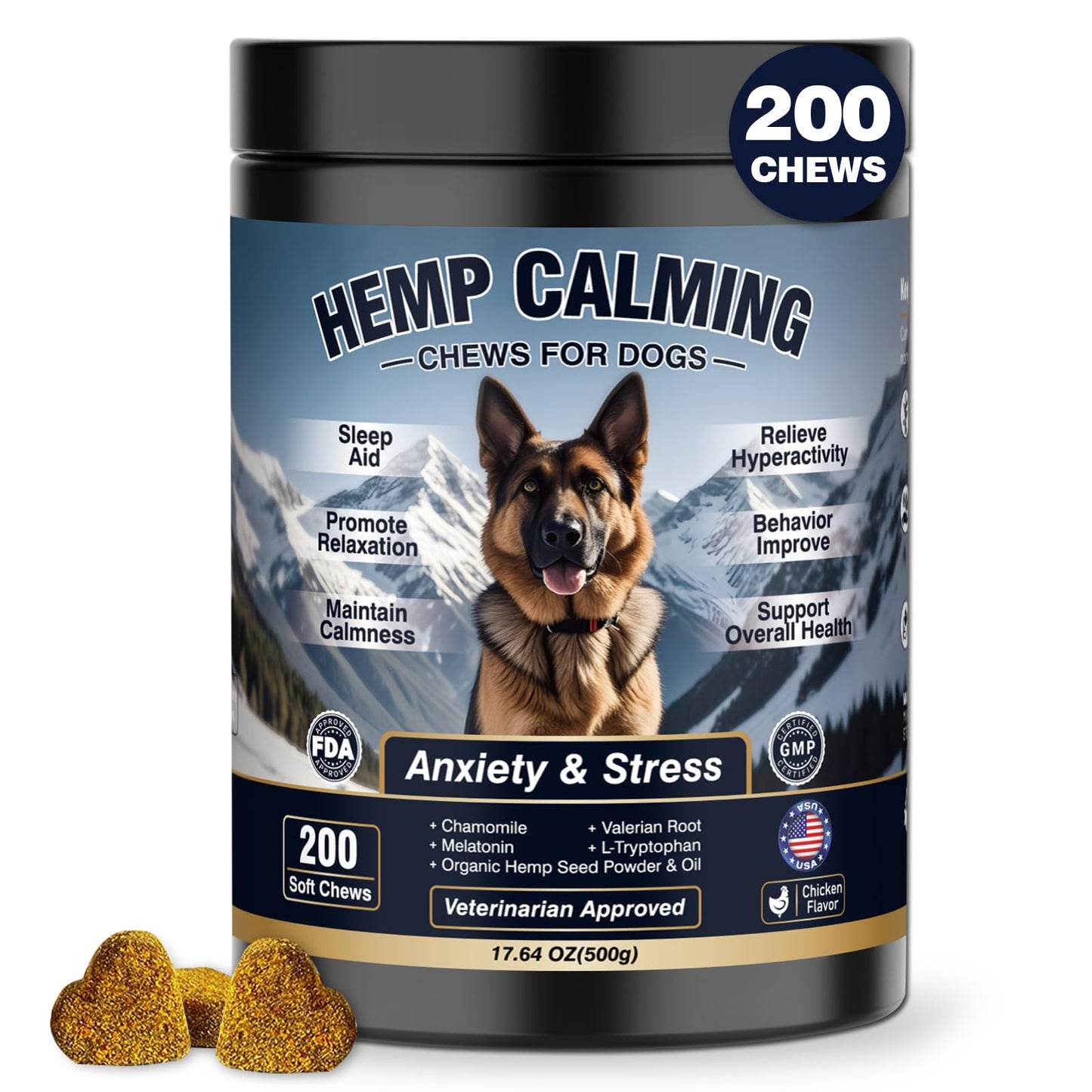 Calming Chews for Dogs 200ct Hemp Dog Calming Chews - Anxiety and Stress Relief Treats Melatonin Bites Sleep Aid for Small/Medium/Large Dogs Calm Dog - Separation, Fireworks, Thunder, Barking,Chewing