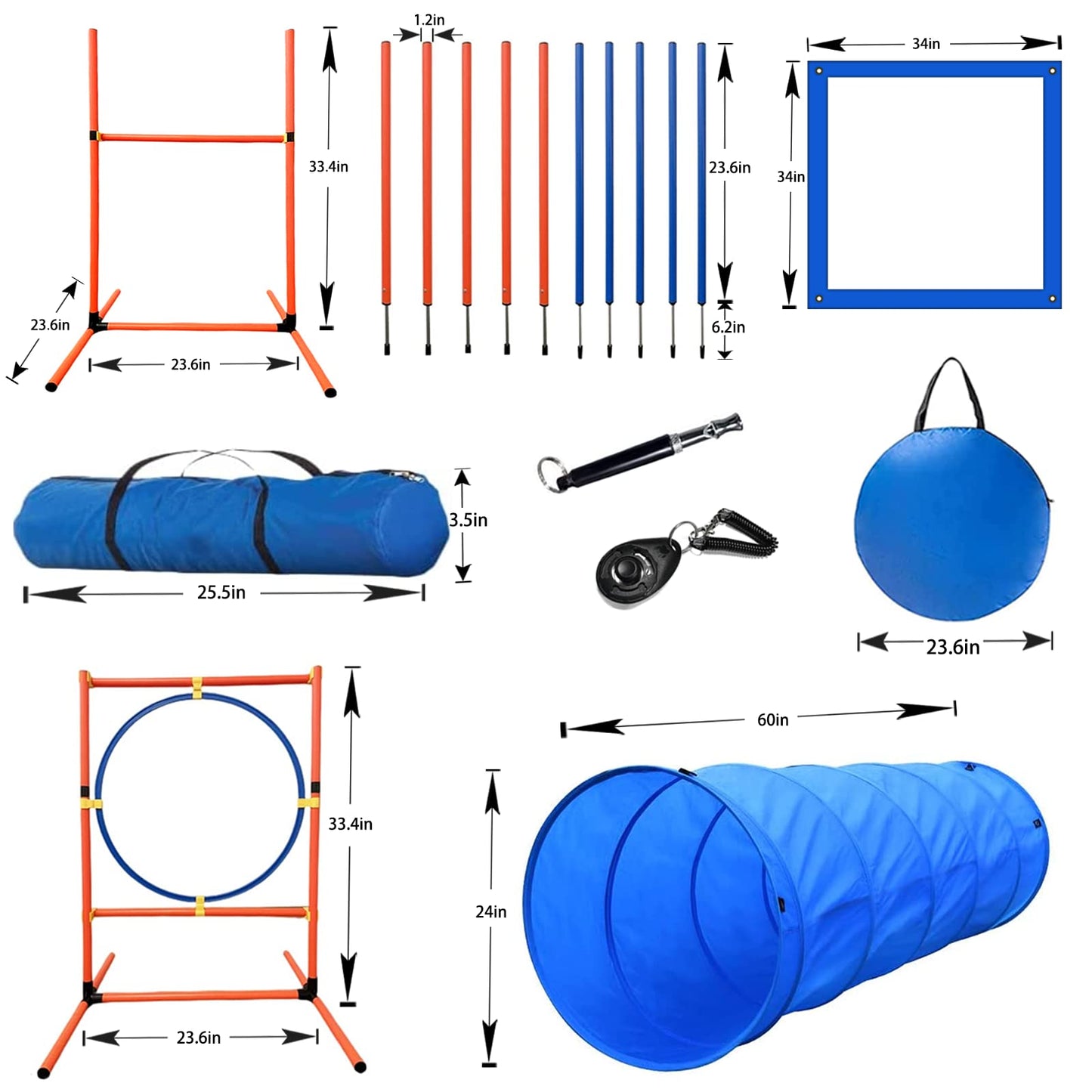 Kvittra Dog Agility Training Equipment Set, Obstacle Course Starter Kit for Pet Outdoor Games With Tunnel, Weave Poles, Adjustable Hurdle, Jump Ring