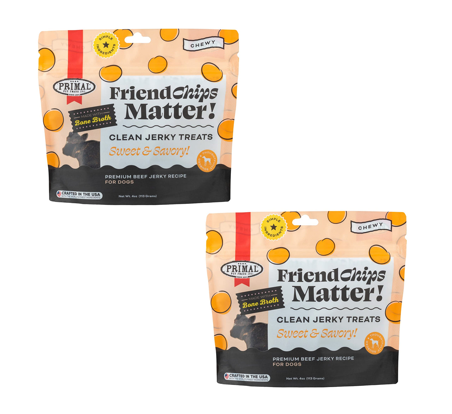 Primal Beef Jerky Dog Treats Made with Beef Bone Broth, FriendChips Matter Chewy Dog Treat, 4 oz (Pack of 2)