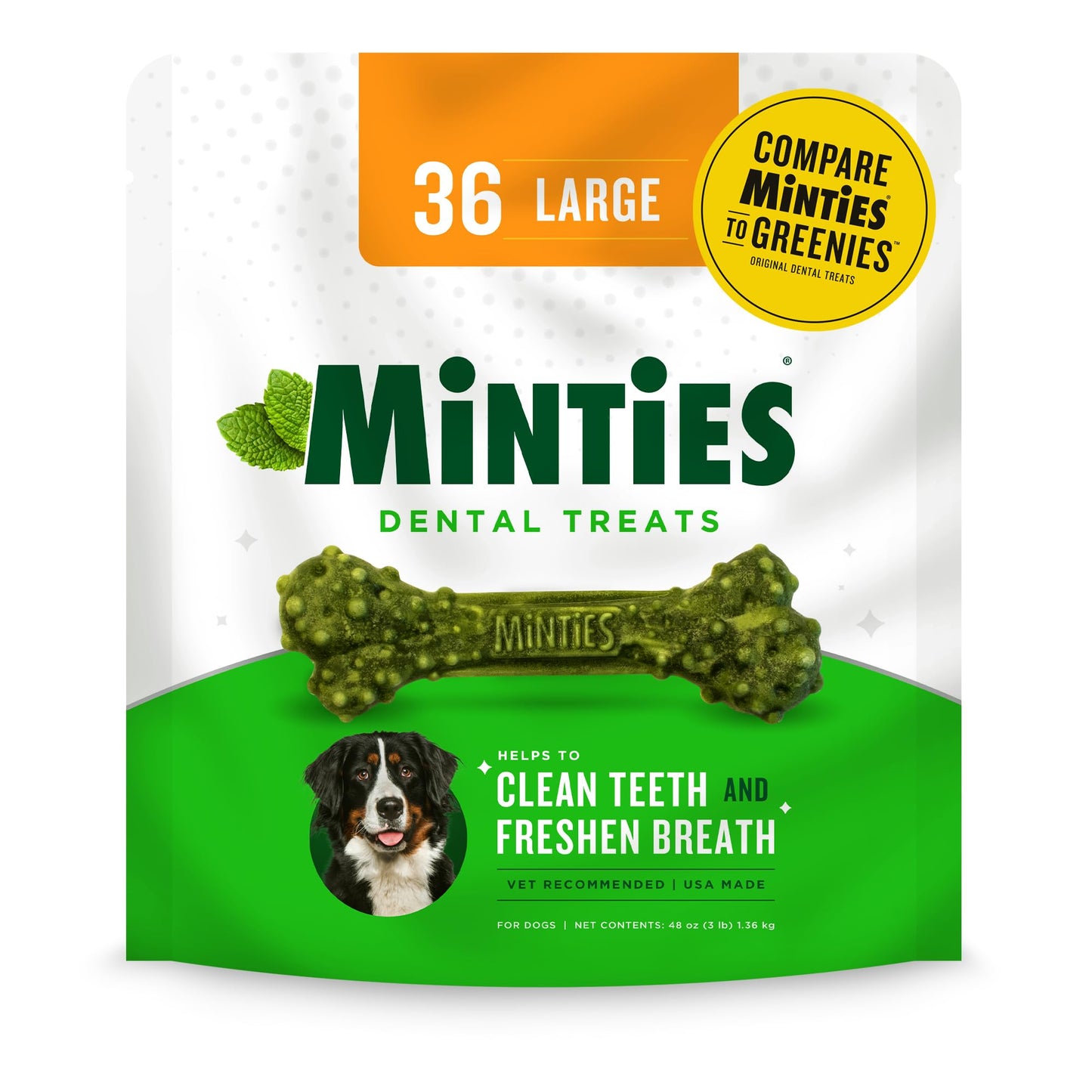 Minties Dental Chews for Dogs, 36 Count, Vet-Recommended Mint-Flavored Treats for Large Dogs Over 50 lbs, Dental Bones Clean Teeth, Fight Bad Breath, and Removes Plaque and Tartar