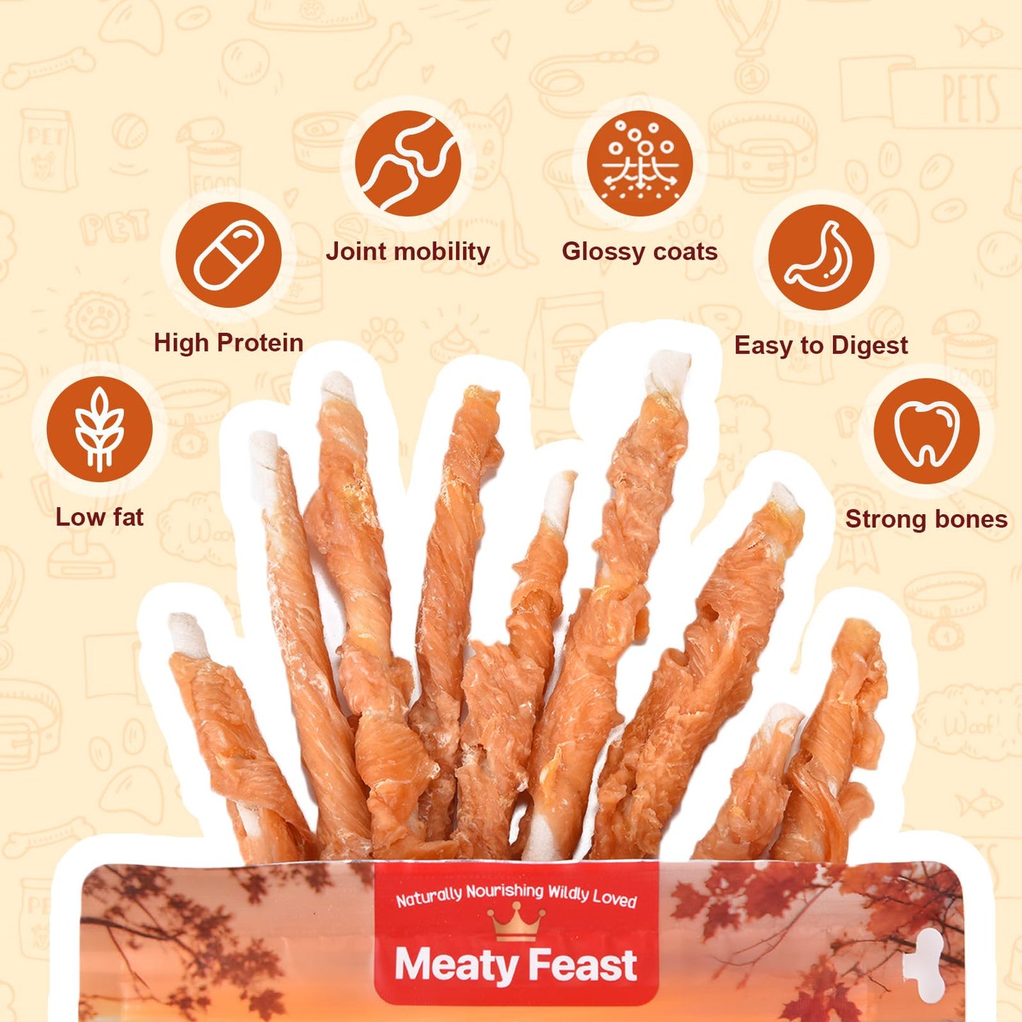 Chicken Wrapped Rawhide Sticks Dog Treats, Natural High Protein Pet Chew, Grain Free Training Snacks for Small Medium & Large Dogs, Long Lasting Rawhide Twists, 10.58oz