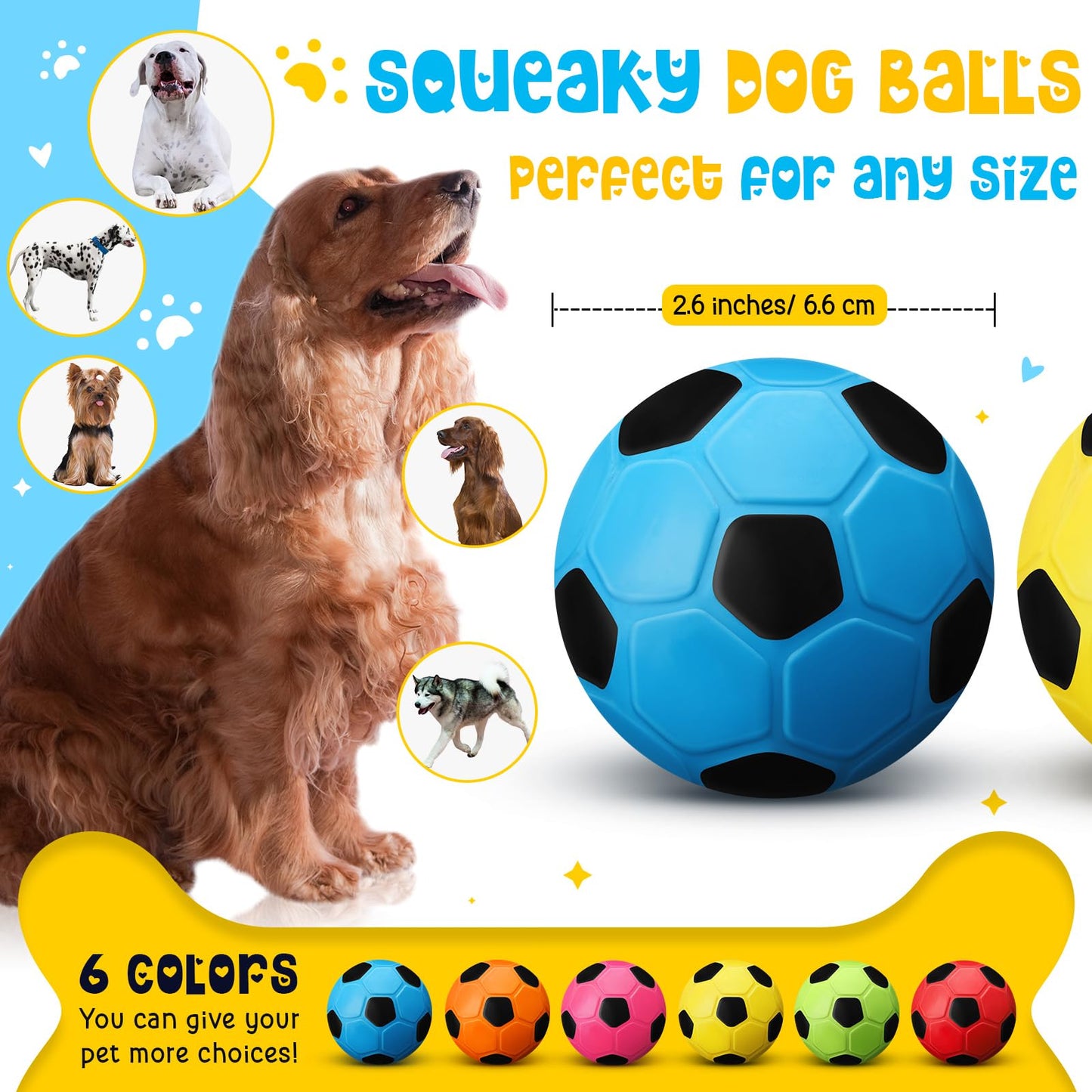 Vinsot 6 Pack 2.6'' Squeak Latex Dog Toy Ball Soft Durable Chew Puppy Soccer Toy Rubber Fetch Interactive Dog Ball for Small Medium Pets Training Supply