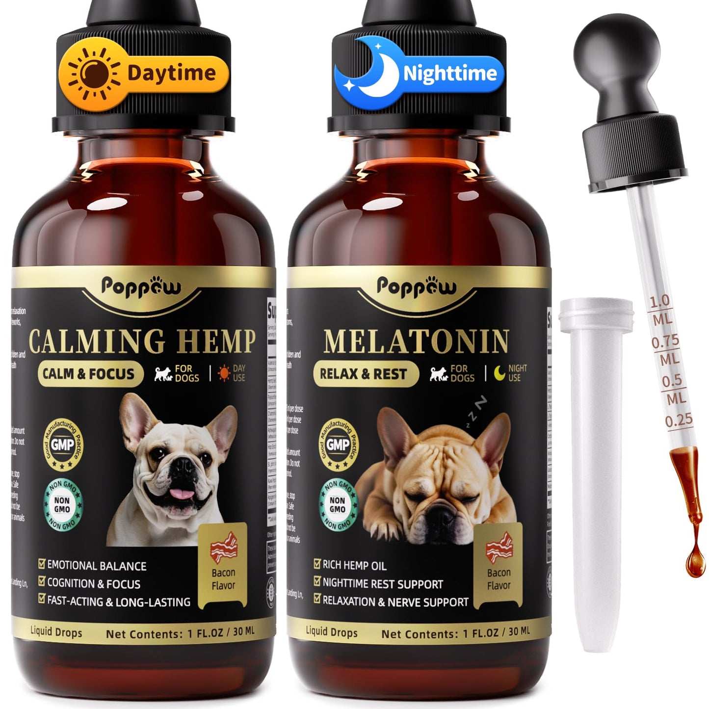 POPPAW Dog Calming & Melatonin Drops, Day & Night Calm Support Set, Anxiety & Stress Support Calming Treat, Enhance Calmness & Sleep for Separation, Travel, Fireworks & Thunder, Bacon Flavor, 2 FL.Oz