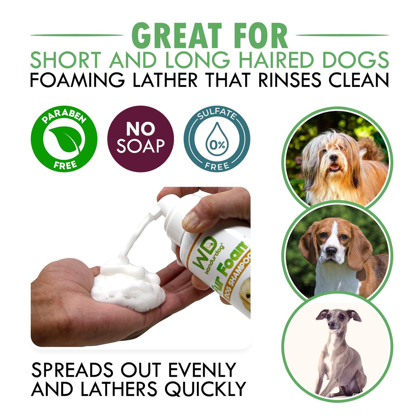Wondurdog Fur Foam Dog Shampoo with Oatmeal, Coconut and Aloe. Hypoallergenic, Softens Coat, Moisturizes Dry Skin, Restores Shiny, Lathers from Bottle. (16.9oz)