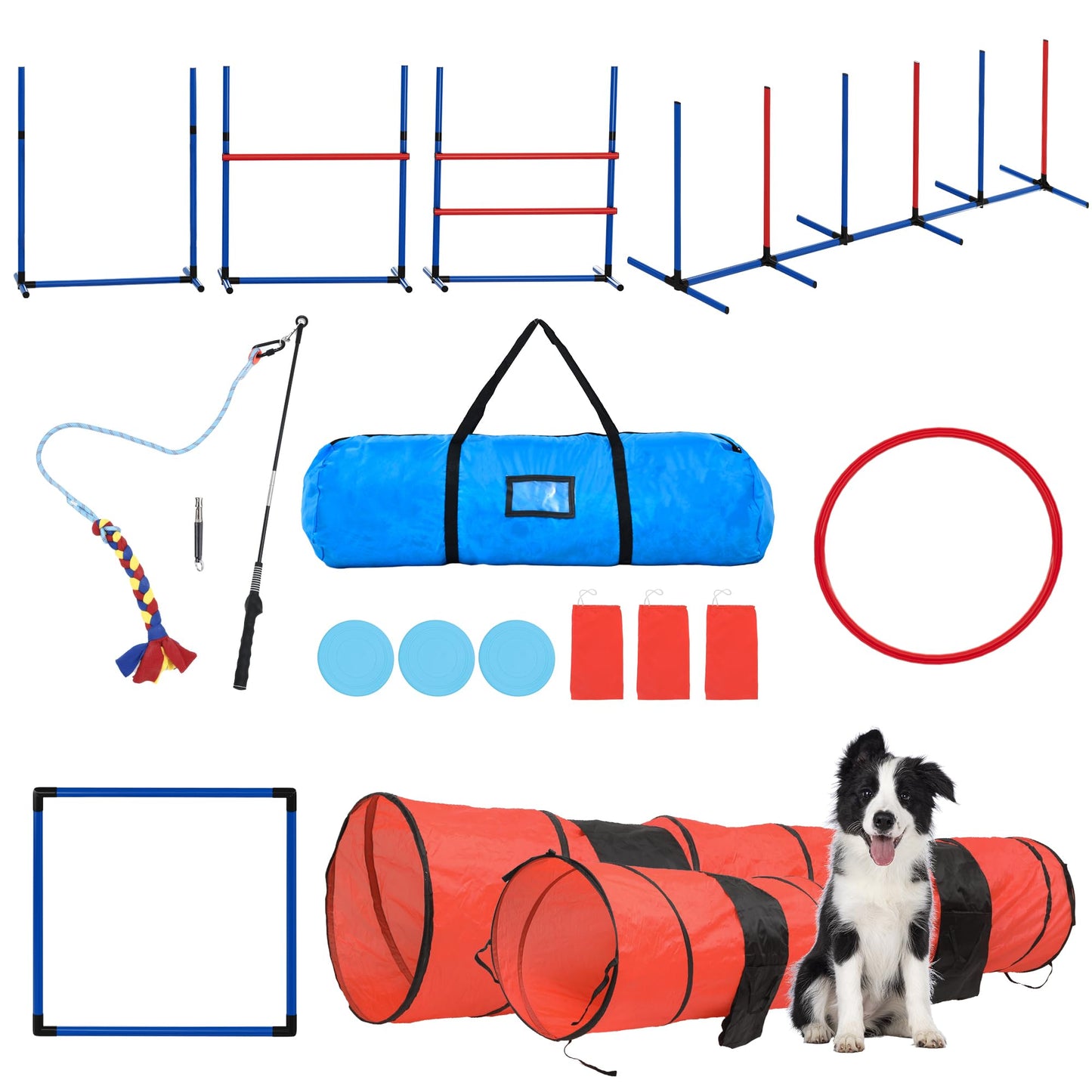 DWVO Dog Agility Accessories Kit: Comprises of a Teaser Pole, 3 Hurdles, 3 Flying Discs, 6 Weaving Poles, 2 Agility Tunnels, Pause Box, Full Set of Agility Equipment for Backyard Indoors Outdoors
