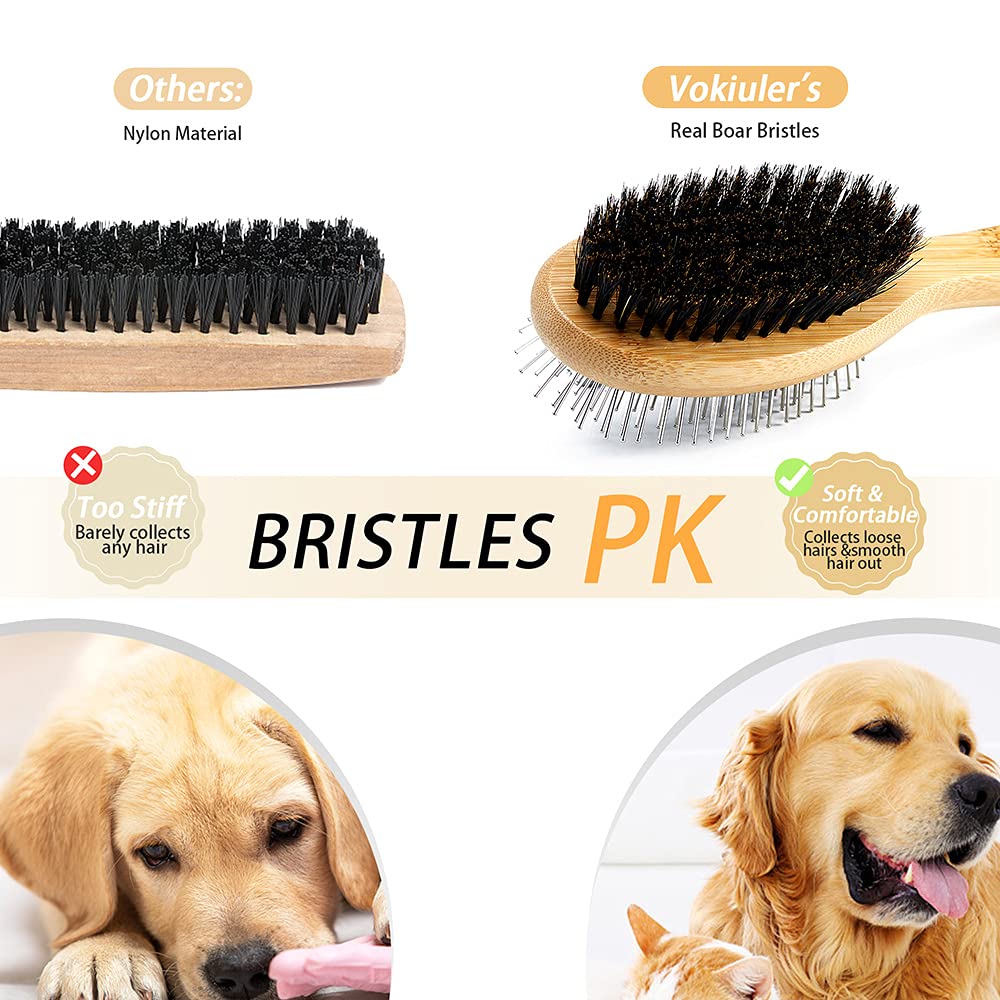 Dog Brush Cat Brush, Vokiuler Double Sided Bristle and Pin Pet Brush for Dog Grooming, Real Boar Bristle Shedding Brush with Bamboo Handle for Long Short Hair, 2 Pack Dog Comb, Black