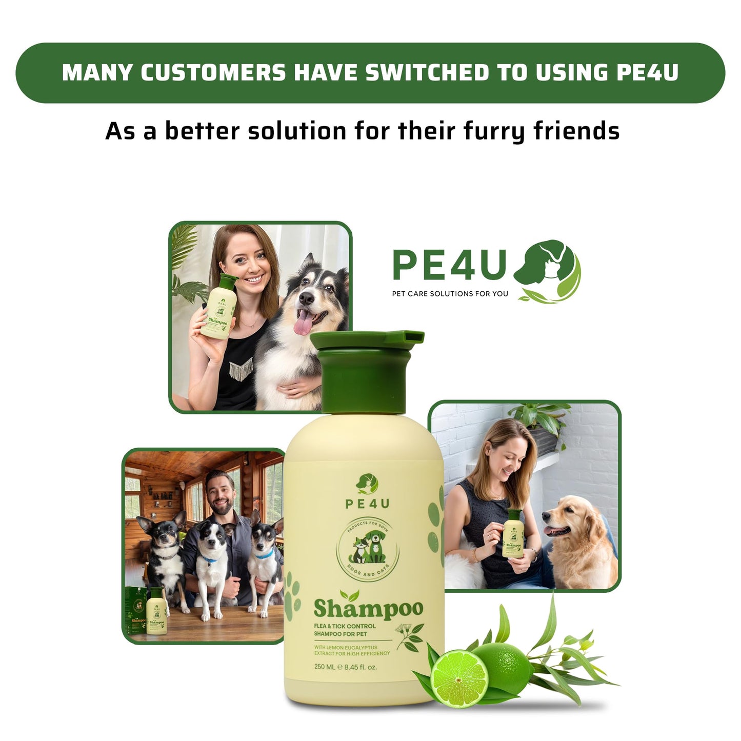 PE4U Natural Pet Shampoo for Dogs & Cats – Itch Relief, Odor Control & Deep Cleansing – Plant-Based Formula – Safe for Sensitive Skin, Reduces Shedding [Shampoo + Spray]