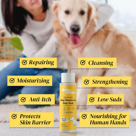 Divine Canine Heavenly Dog Shampoo & Body Wash - Anti-Itch - Dog Shampoos - pH Balanced Conditioning Dog Bath Blend with Collagen, Aloe, Coconut Milk, Vitamin E - Soothe Itchy Skin & Coat - 13.5oz