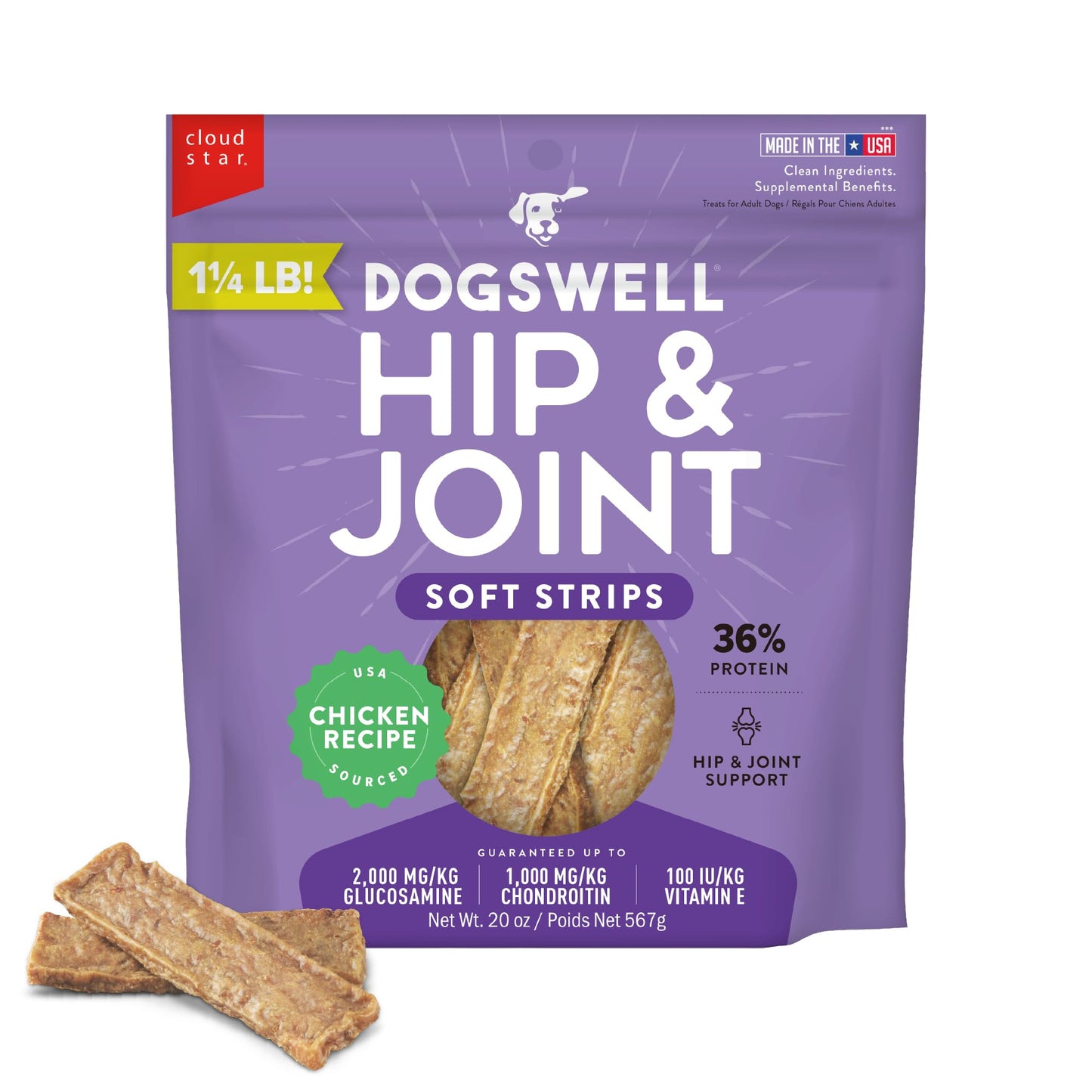 DOGSWELL Hip & Joint Dog Treats 100% Meaty, Grain Free, Glucosamine Chondroitin & Omega 3, Chicken Soft Strips 20 oz