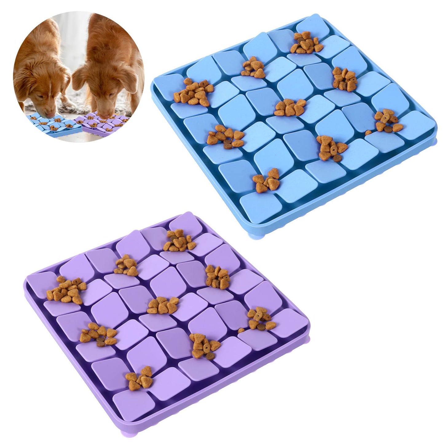 2 Pcs Silicone Snuffle Lick Mat for Dogs, 8 x 8 Inch with Suction Cups, Slow Feeder Puzzle Toy for Mental Stimulation Anxiety Relief, Blue & Purple
