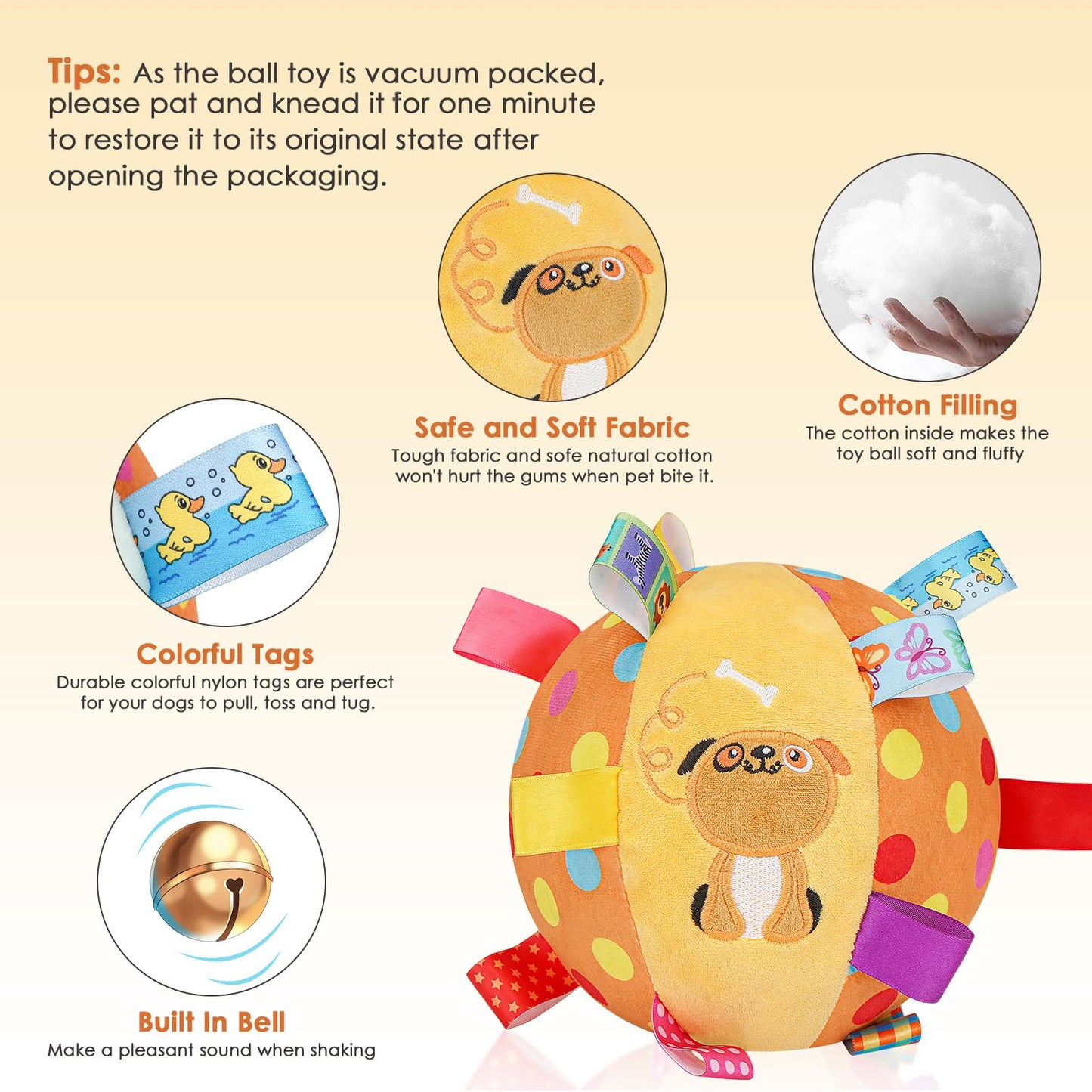 Letalong Dog Squeaky Plush Toy with Straps, 6-Inch Soft Stuffed Ball with Cotton Material and Bell Built-in, Pet Interactive Fetch Toy for Small to Large Dog
