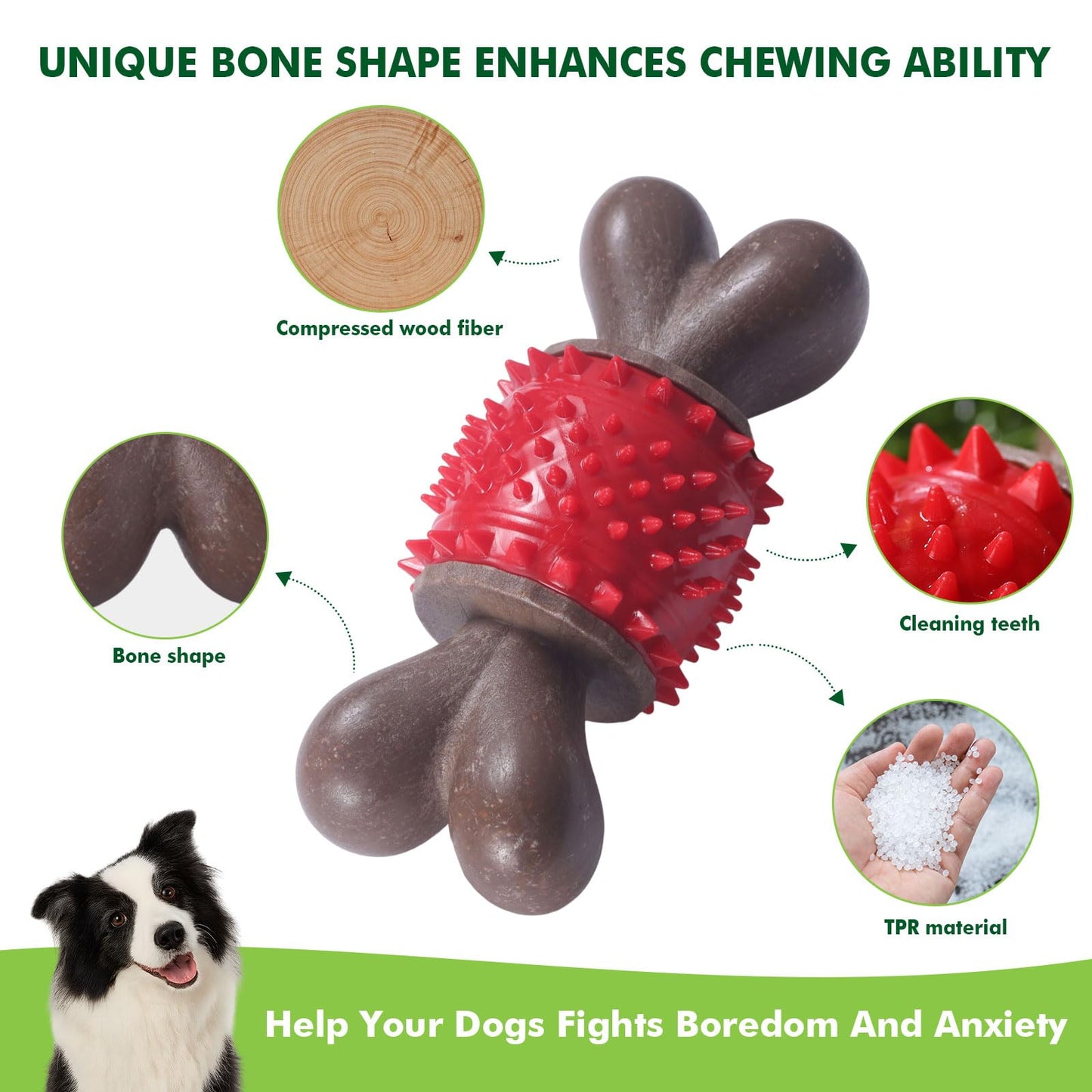 Durable Dog Chew Toys for Large Dogs - Tough Bone-Shaped Dental Chew with TPR Rubber & Wood Fiber, Teething & Aggressive Chewer Toys for Medium/Large Breed, Long-Lasting Teeth Cleaning (4 Pack Set)