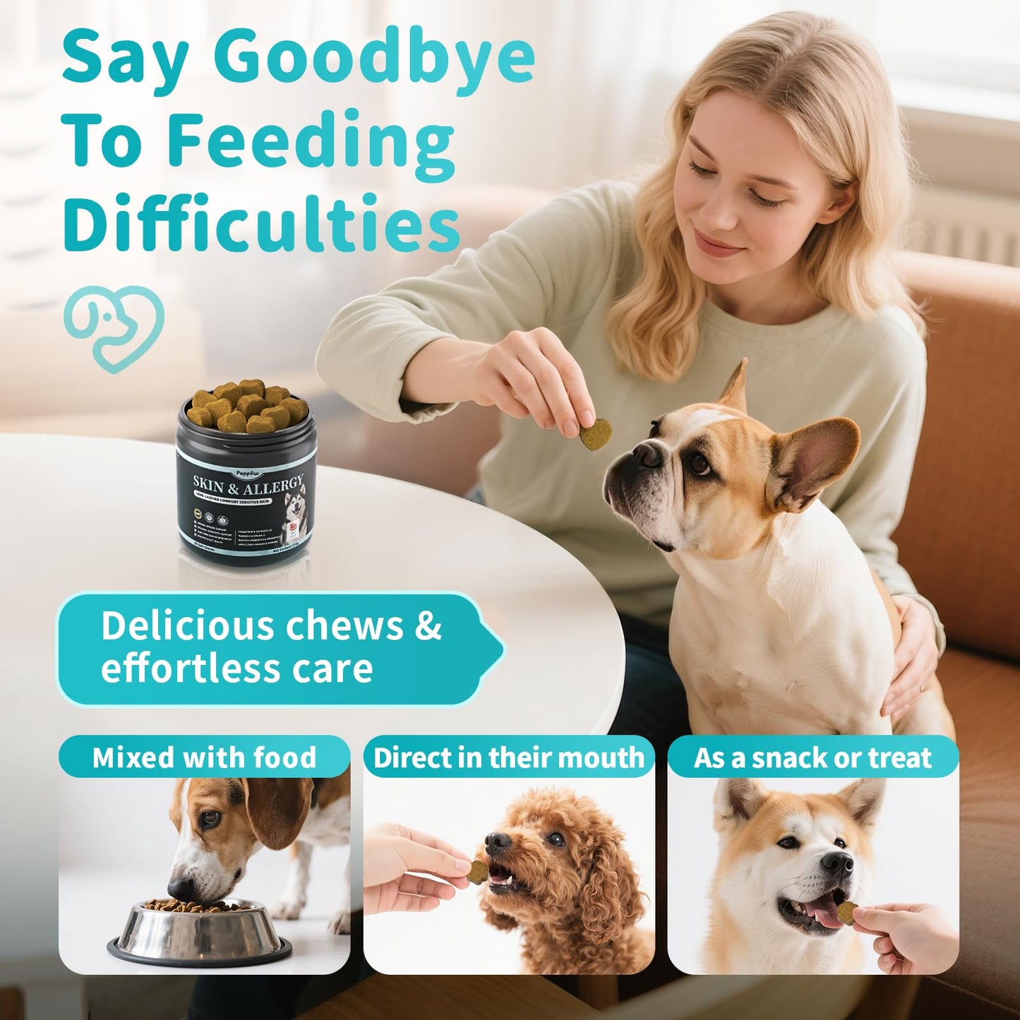 POPPAW Dog Skin & Allergy Chews - Dog Probiotics for Sensitive Skin Health Support - Allergy Relief - Support Seasonal Allergies, Immune & Gut & Digestive Health Supplement - Beef Flavor - 90 Count
