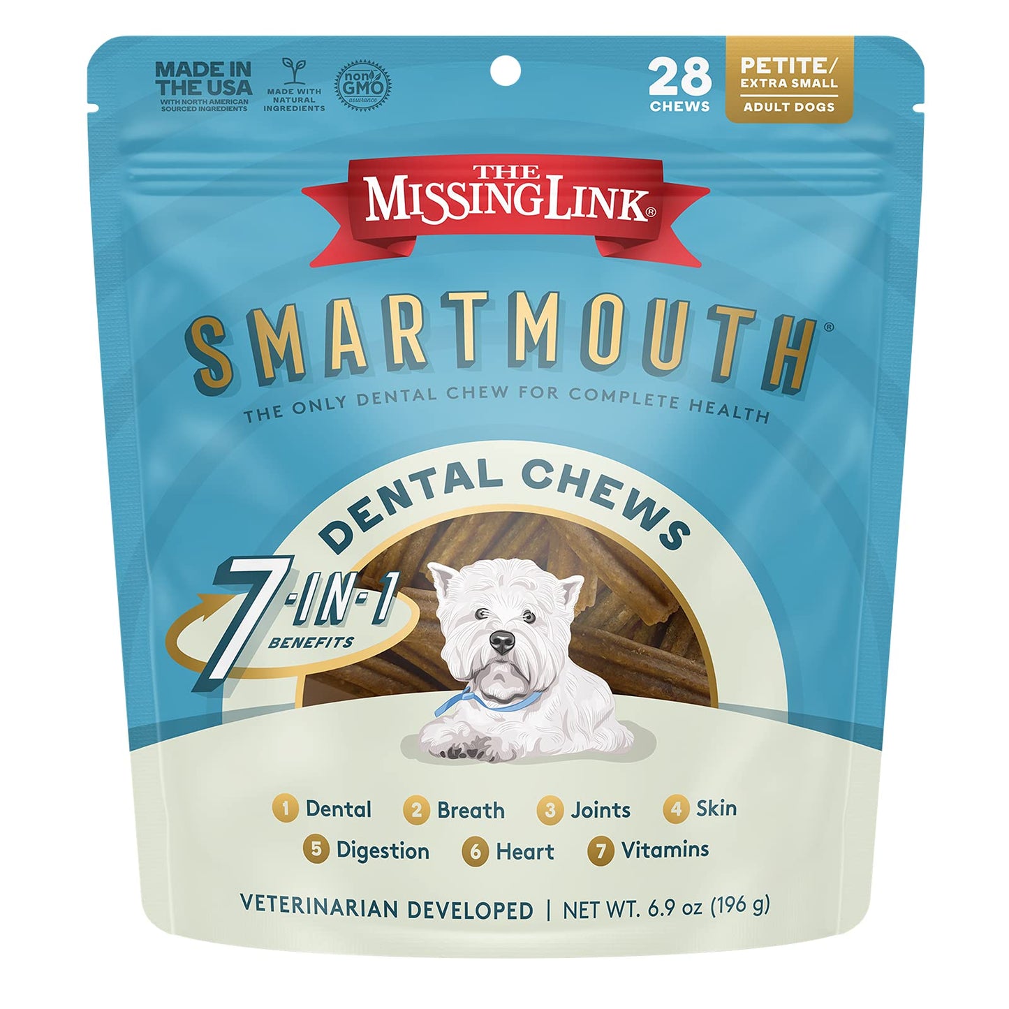 The Missing Link Smartmouth Vet Developed Dental Chew Treats, 7-in-1 Benefits: Healthy Teeth & Gums, Breath, Skin, Joints, Digestion, Heart, Immune System – Petite/XS 5-15lb Dogs, 28 Ct