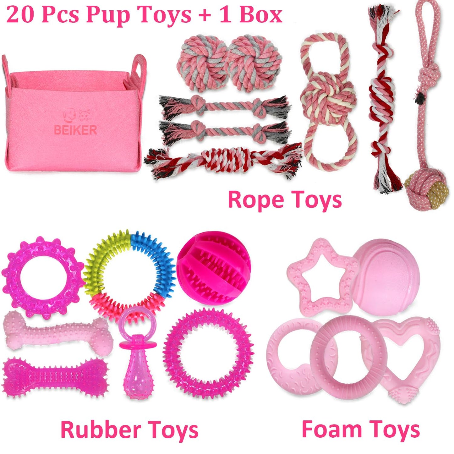 Beiker 20 Pack Pink Puppy Chew Toys - Dog Teething Toys for Puppies, Puppy Toys Toothbrush with Ropes, Soft Dogs Toy Bundle for Small Dogs, Cute Interactive Dog Balls for Chewers