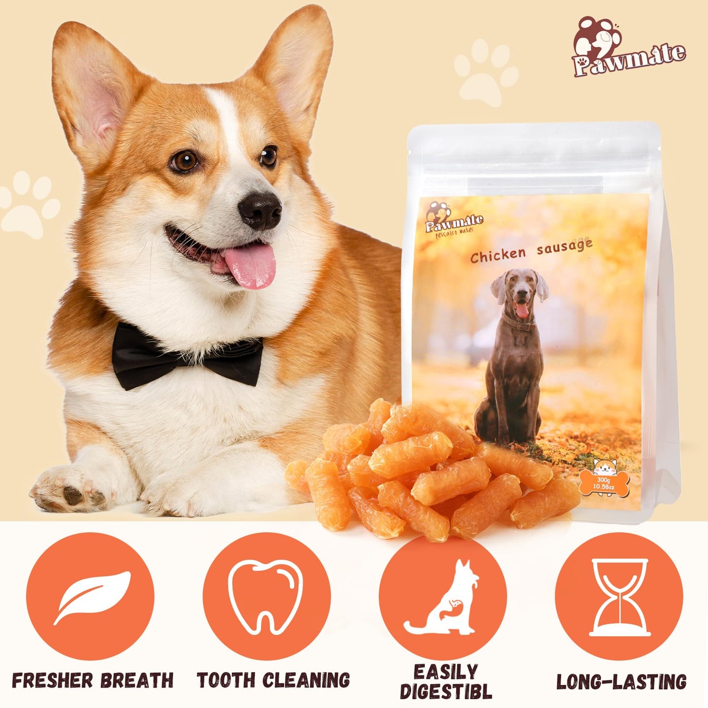 Pawmate Dog Treats Chicken Sausages, Natural Chicken Jerky Training Treats with Glucosamine, Chondroitin, MSM and Taurine, Low Fat Soft Chewy Snacks for Small Medium Dogs, 10.6 oz