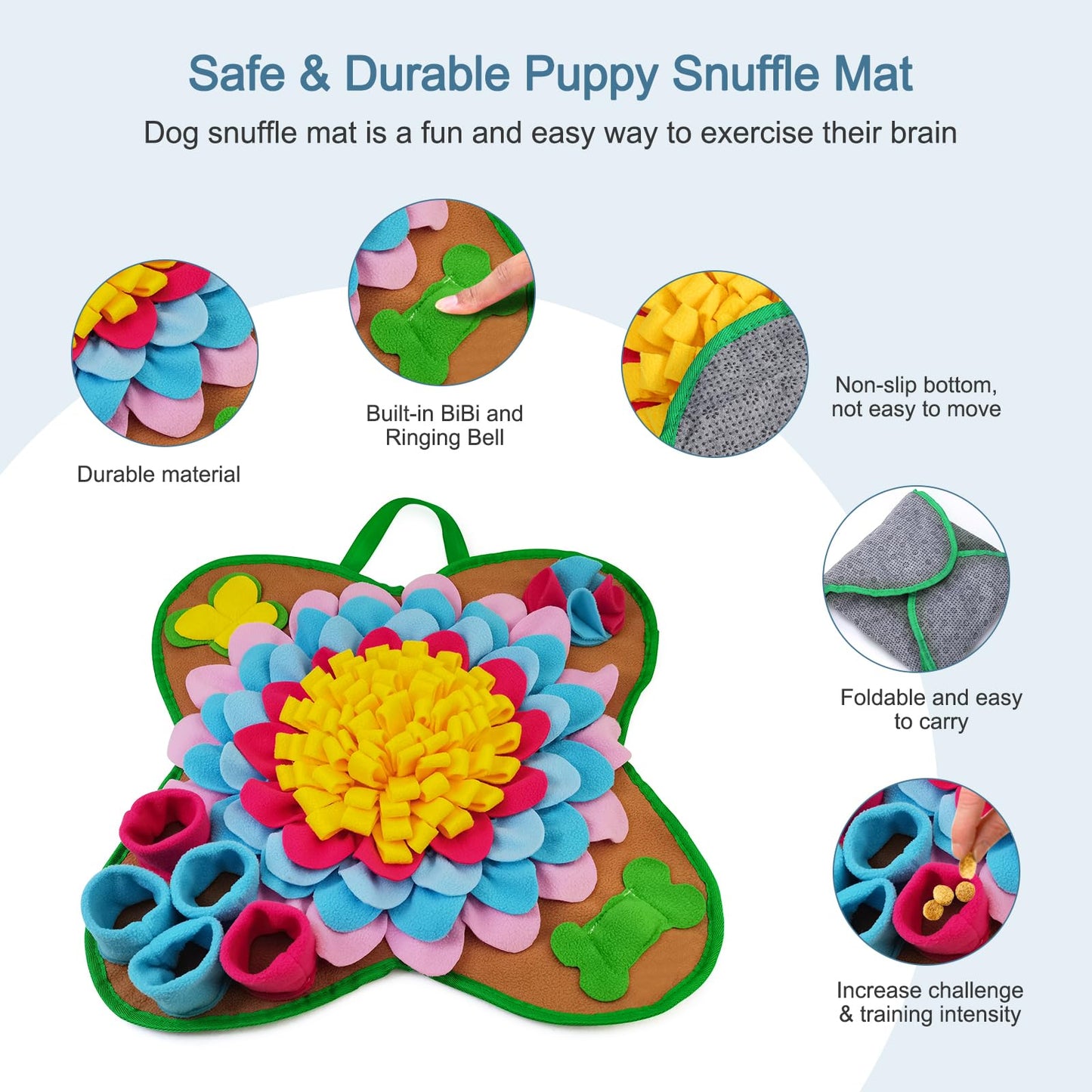 Ankilo Snuffle Mat for Dogs, 20''*20'' Interactive Foraging Puzzle Blanket, Dog Feeding Mat with Non-Slip Bottom, Foldable Pet Snuffle Mat for Sniffing, Slow Feeding and Stress Release