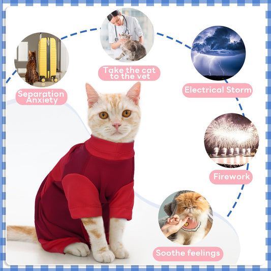 Cat Anxiety Relief Suit, Four-Legged Clothes Adjustable Calming Vest for Thunderstorms, Fireworks, Loud Noises, Separation, Roadtrip, Comfortable Wrap to Keep Cats Calm, Red Medium