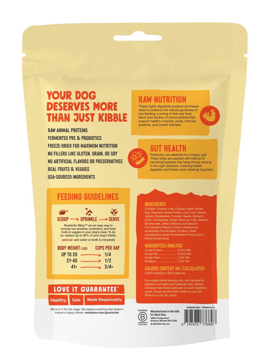 WEST PAW Rawbiotic Bites Chicken – Probiotic Dog Food Toppers for Dry Food, Meal Toppers for Dogs, Perfect for Picky Eaters – Grain-Free, Real Fruits & Veggies - Made in USA