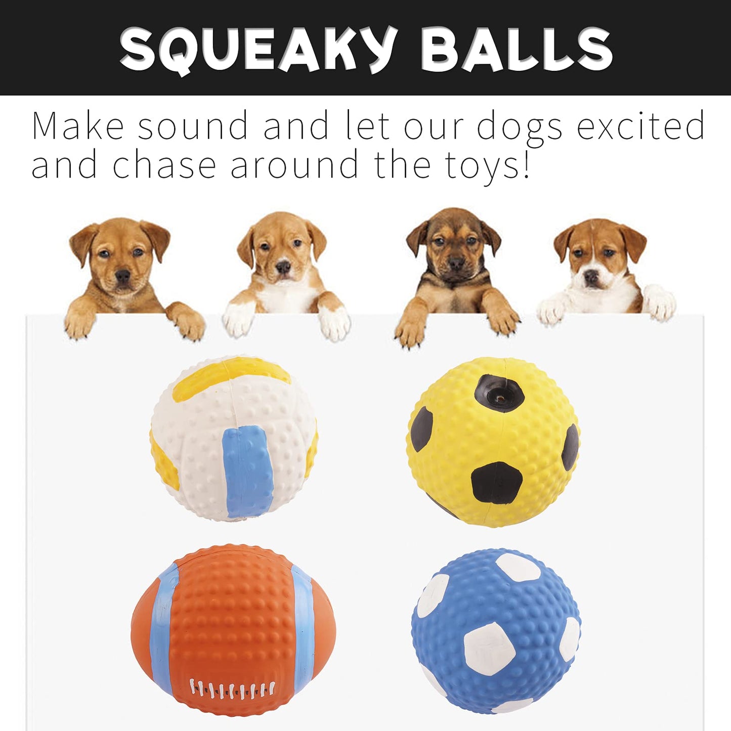 T'CHAQUE Squeaky Dog Toys, Natural Latex Rubber Dog Balls, Soft, Bouncy & Durable for Small Medium Dogs Puppy Interactive Chew Sound Fetch Play Dog Squeaky Toy Ball, Set of 4, S