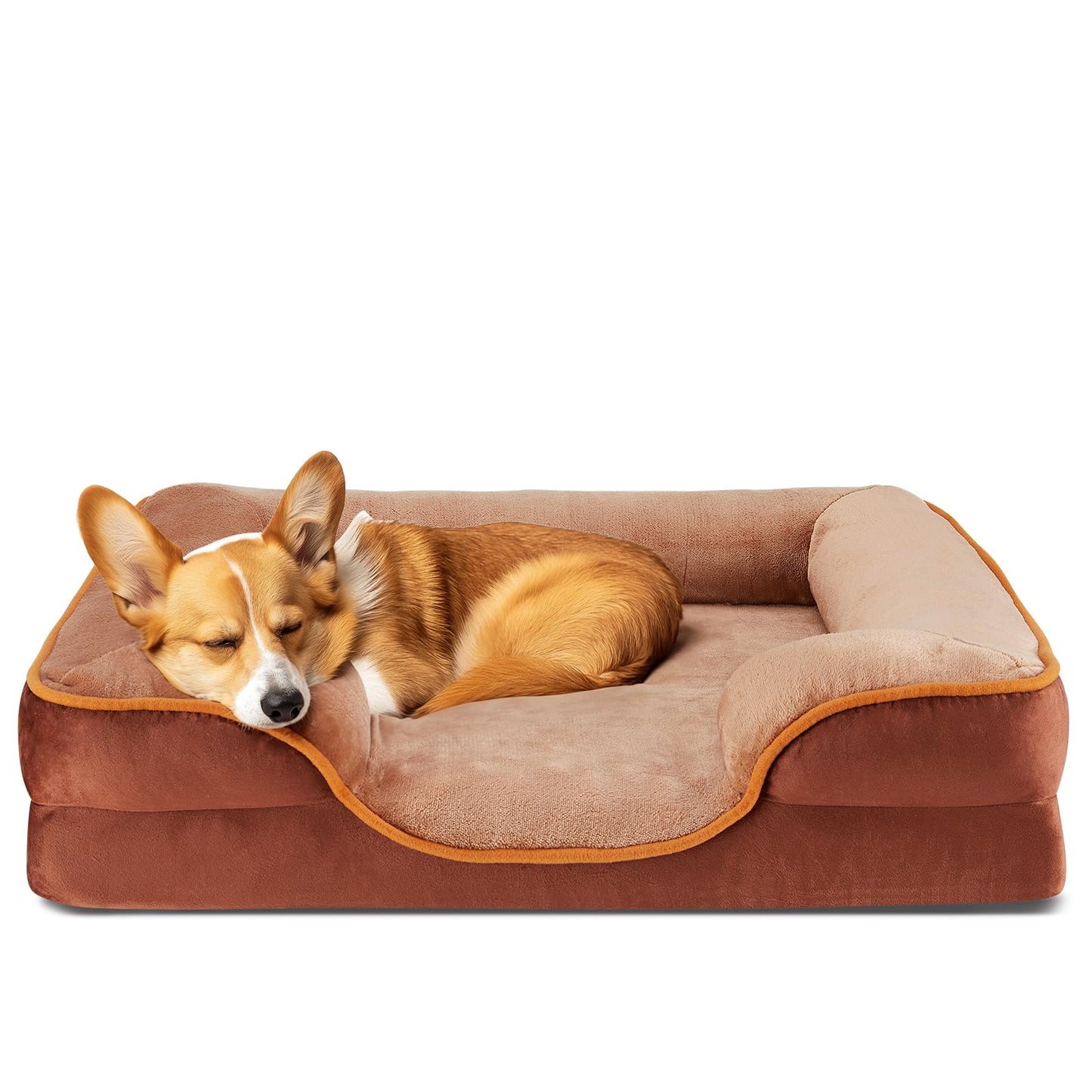 DUMOS Orthopedic Memory Foam Dog Bed with Bolster–Washable Cover, Waterproof Liner & Non-Slip Bottom, Supportive Pet Sofas, Brown