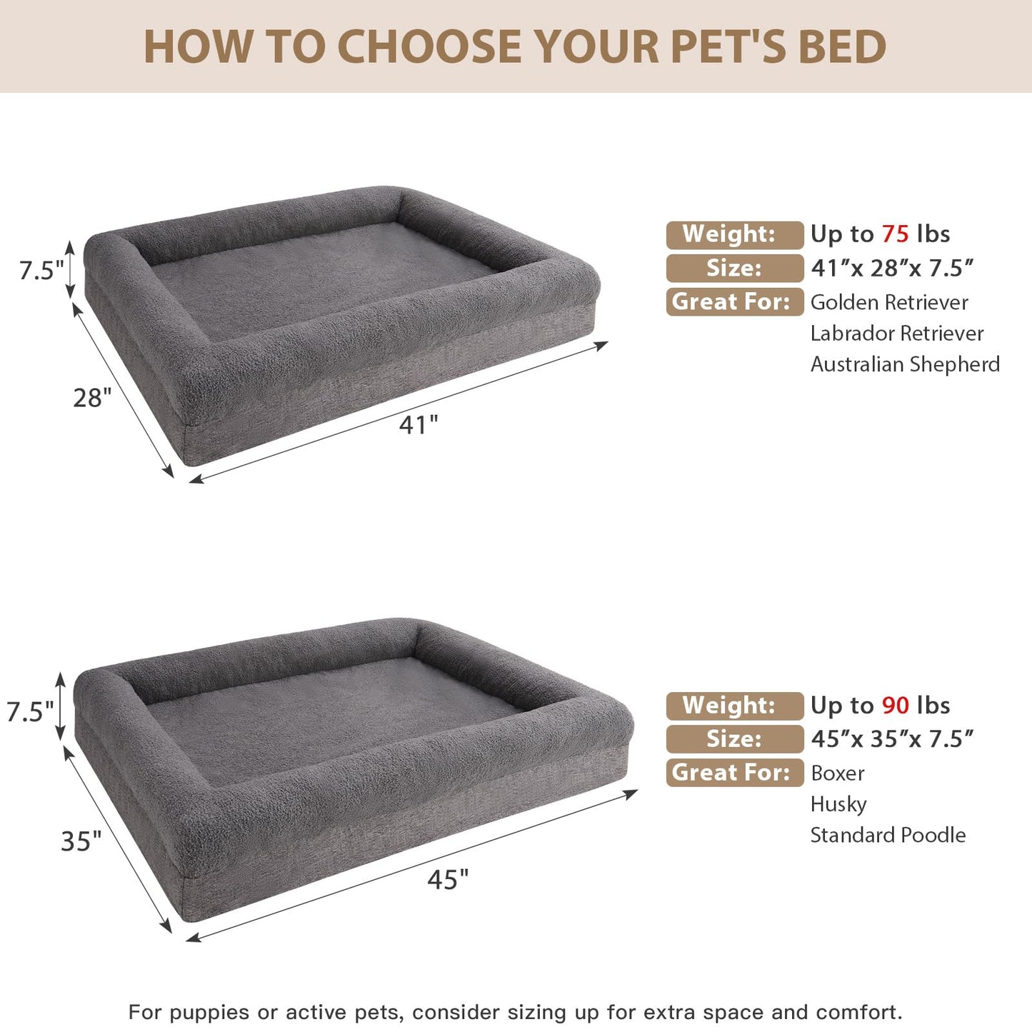 RRPETHOME Washable Dog Beds Large Sized Dog Couch, Extra Large Orthopedic Dogs Beds with Removable Cover, Waterproof Pet Bed with Bolsters, Pet Crate Bed with Non Slip Bottom, XL, Grey