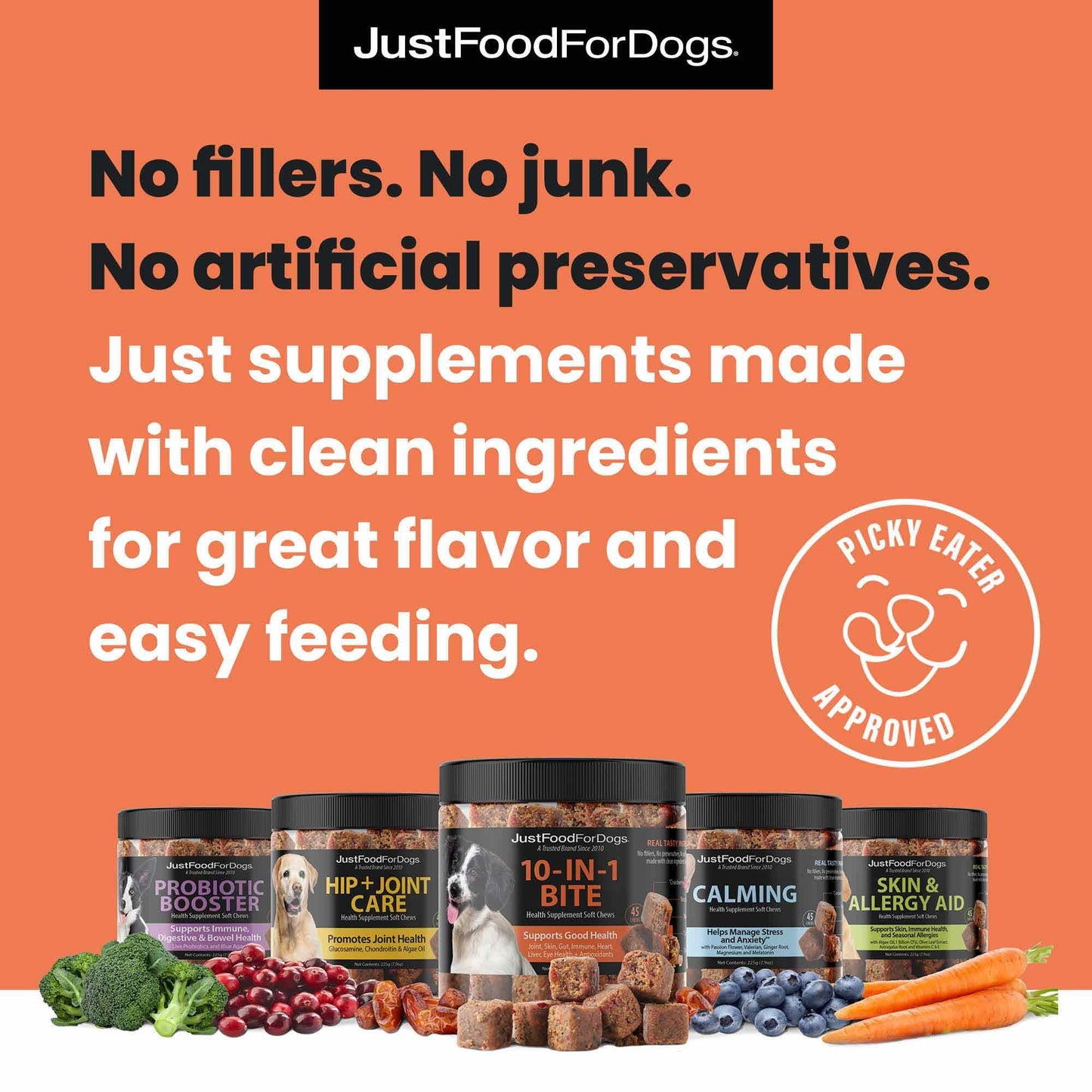 JustFoodForDogs 10-in-1 Multifunctional Supplement Chews for Dogs, Superfood Blend, Glucosamine, Omega-3 Fatty Acids, Skin Health, Joint Health, Probiotics, Plant-Based, Human Grade - 45 Count