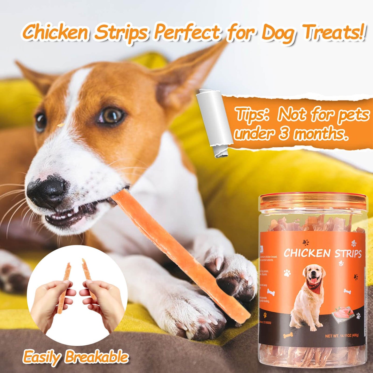 Chicken Jerky Strips for Dogs, 14.11Oz Natural Dried Real Chicken Training Treats for Dogs, Low Fat & Grain Free, Jerky Cuts Training Snacks for Pets(400g)