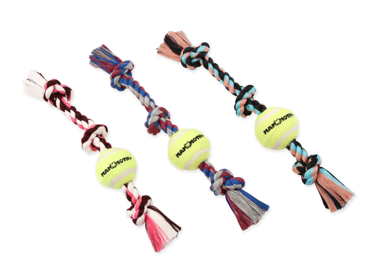 Mammoth Flossy Chews Color 3 Knot Tug w/Standard Tennis Ball – Premium Cotton-Poly Tug Toy for Dogs, Interactive Rope Dog Toy for Medium Dogs - 20” , Multi color