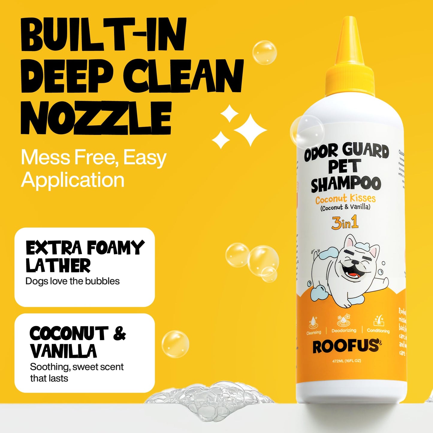 ROOFUS THE DOG Odor Guard Pet Shampoo 1 Pack - Coconut Kisses Dog Shampoo for Conditioner, Moisturizing & Itching - Hypoallergenic Shampoo for Hydrating & Cleansing