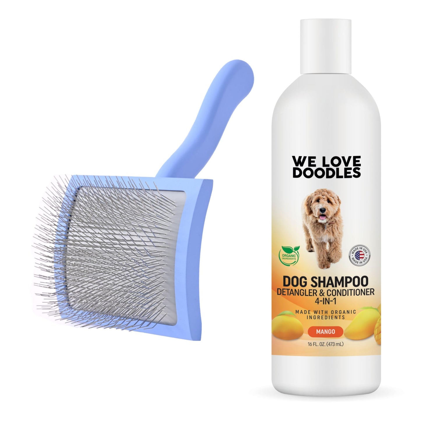 We Love Doodles Dog Shampoo Mango & Curved Slicker Brush - Pet Shampoo for Matted Hair, Sensitive Skin Shampoo for Puppies, for Long-Haired Dogs, Poodle, Golden Doodle, and Dematting (Large)
