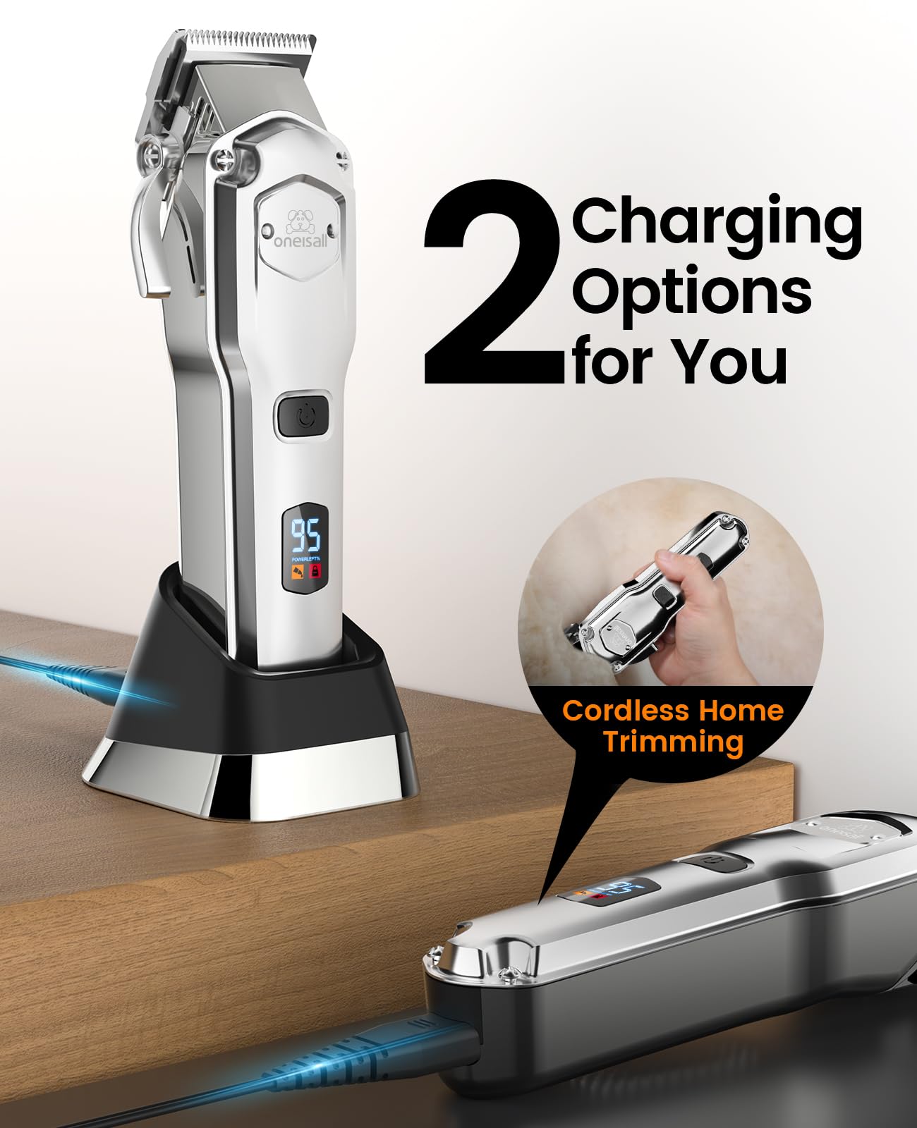 oneisall Dog Clippers for Grooming Thick Hair Professional,Cordless/Low Noise Pet Grooming Kit with Detachable Metal Combs, Rechargeable Heavy-Duty Pet Clippers for Thick/Curly/Fine/Wavy Hair (Sliver)