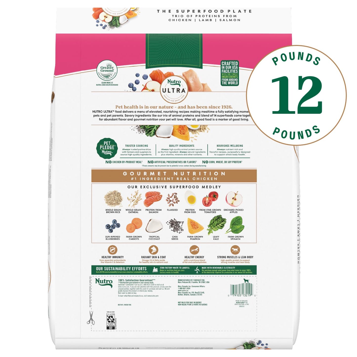 Nutro Ultra Adult Small Breed Dry Dog Food, Chicken, Lamb and Salmon Protein Trio, 12 lb Bag