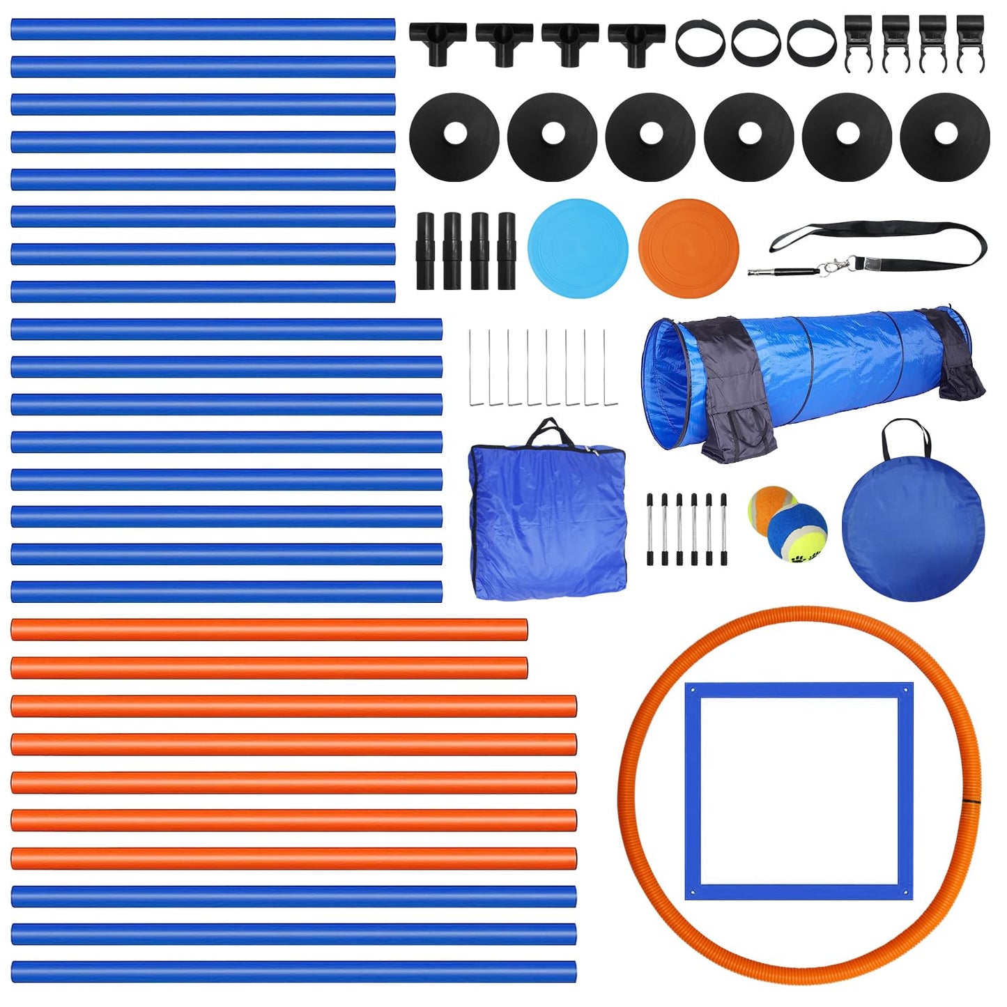 Dog Agility Training Equipment Set Outdoor Indoor Game, Tire Jump + Hurdle Jump, Tunnel, Weave Poles, Pause Box, 2 Toy Balls, 2 Flying Discs, 1 Whistle, 1 Bag, Backyard Premium Dog Obstacle Course Kit