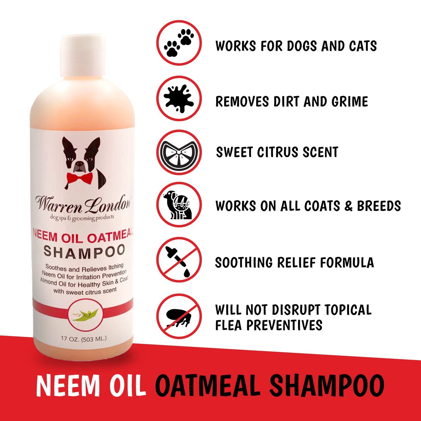 Warren London Neem Oil with Oatmeal Dog Shampoo - Deep Cleansing & Moisturizing for Sensitive Skin - Itch Relief & Odor Control - Made in USA - 17 oz