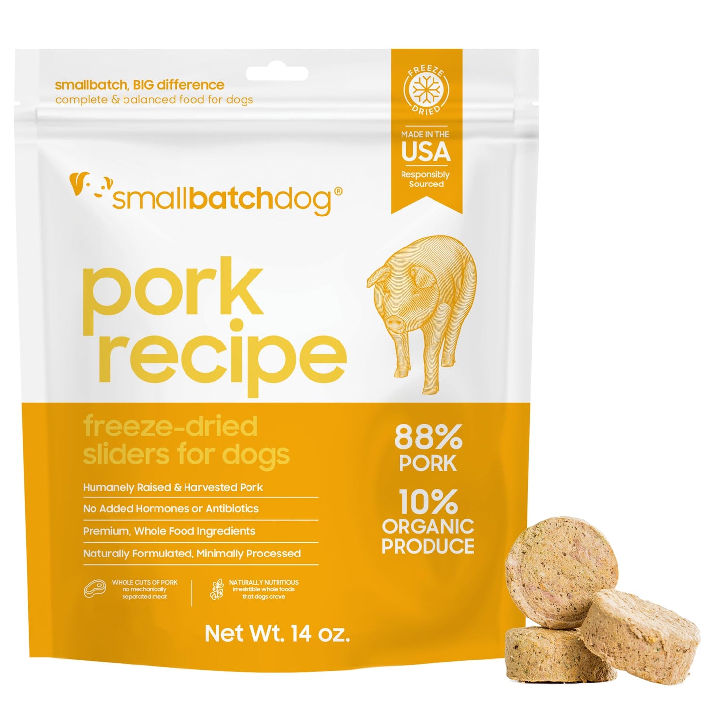 smallbatch Pets Freeze Dried Raw Dog Food, Pork Recipe, 14 oz, Organic High Protein Dog Food, Grain Free, Made in The USA, Humanely Raised Meat, Single Protein, for Picky Eaters, Hydrate & Serve