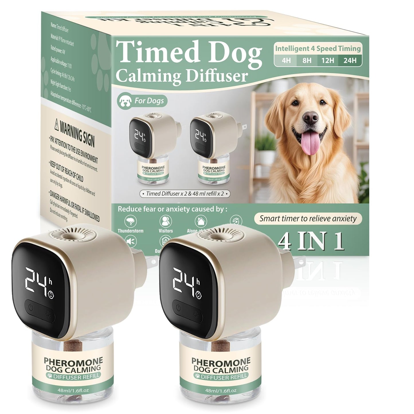 Dog Calming Pheromones Diffuser 4 in 1 Appeasing Relaxing Diffuser with Timing Function Pet Kit (2 Plug in +2 Refill 48ml) for Anxiety Relief Reduce Aggression Barking Fighting Stress (Tasteless)
